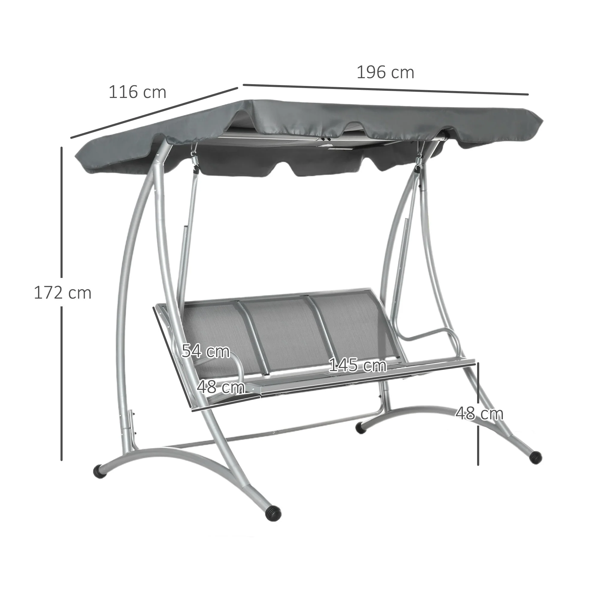 Three Person Steel Outdoor Porch Swing Chair Bench w/ Canopy Cover Grey - Image 3