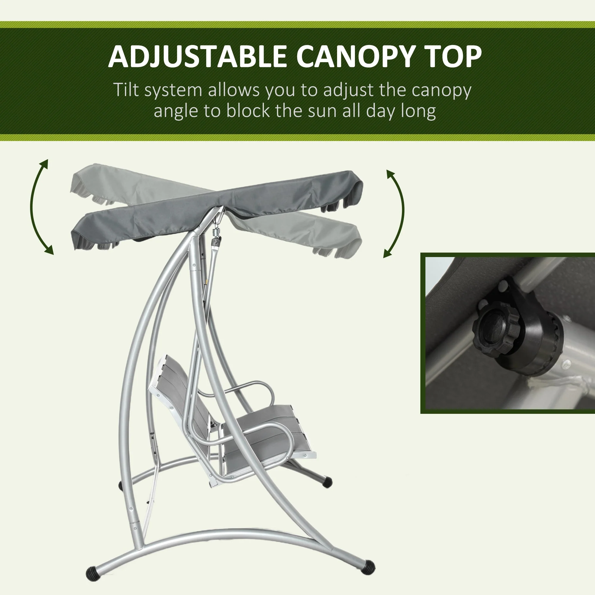 Three Person Steel Outdoor Porch Swing Chair Bench w/ Canopy Cover Grey - Image 4
