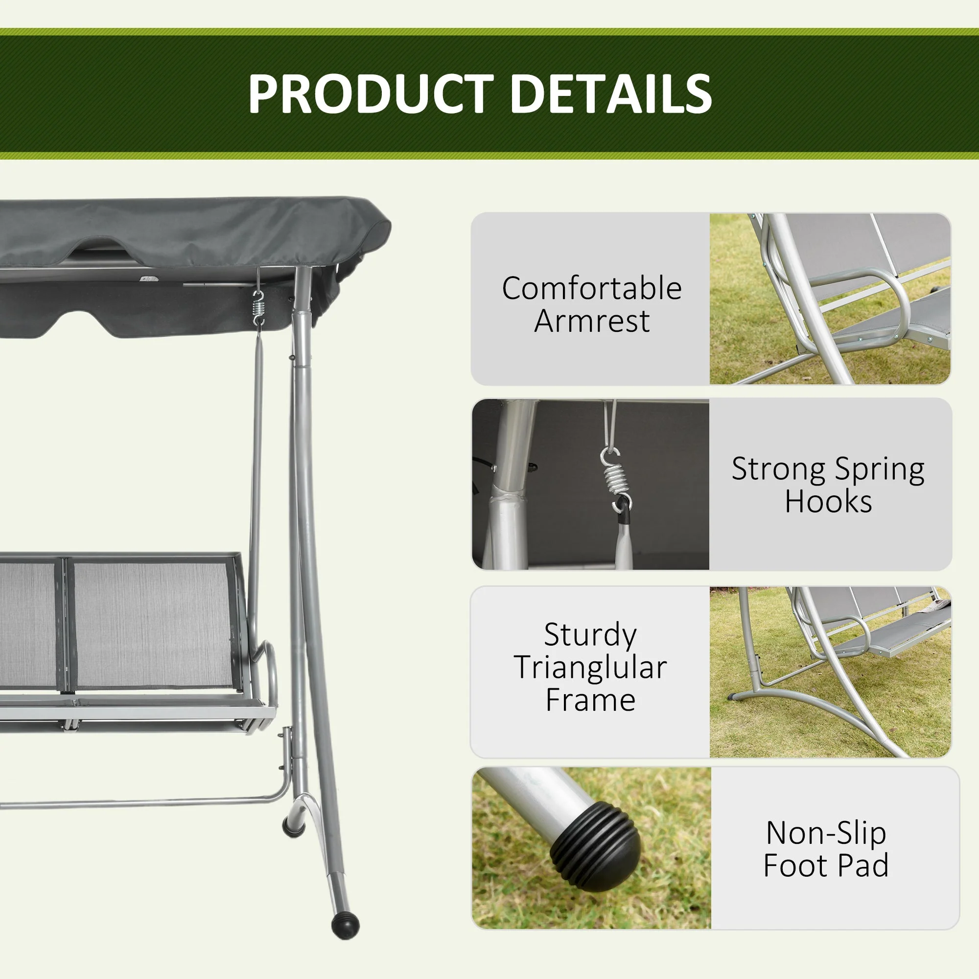 Three Person Steel Outdoor Porch Swing Chair Bench w/ Canopy Cover Grey - Image 6