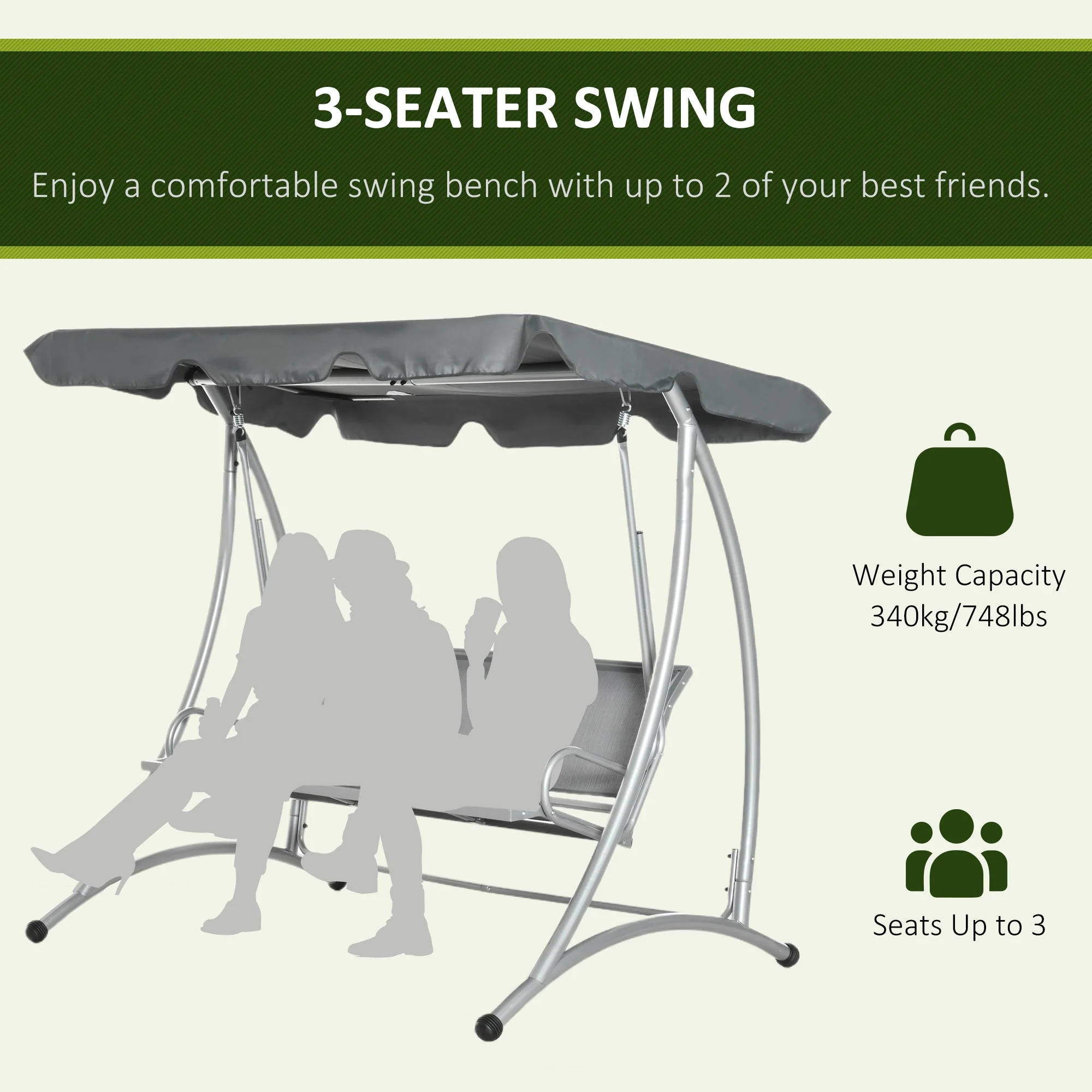 Three Person Steel Outdoor Porch Swing Chair Bench w/ Canopy Cover Grey - Image 7