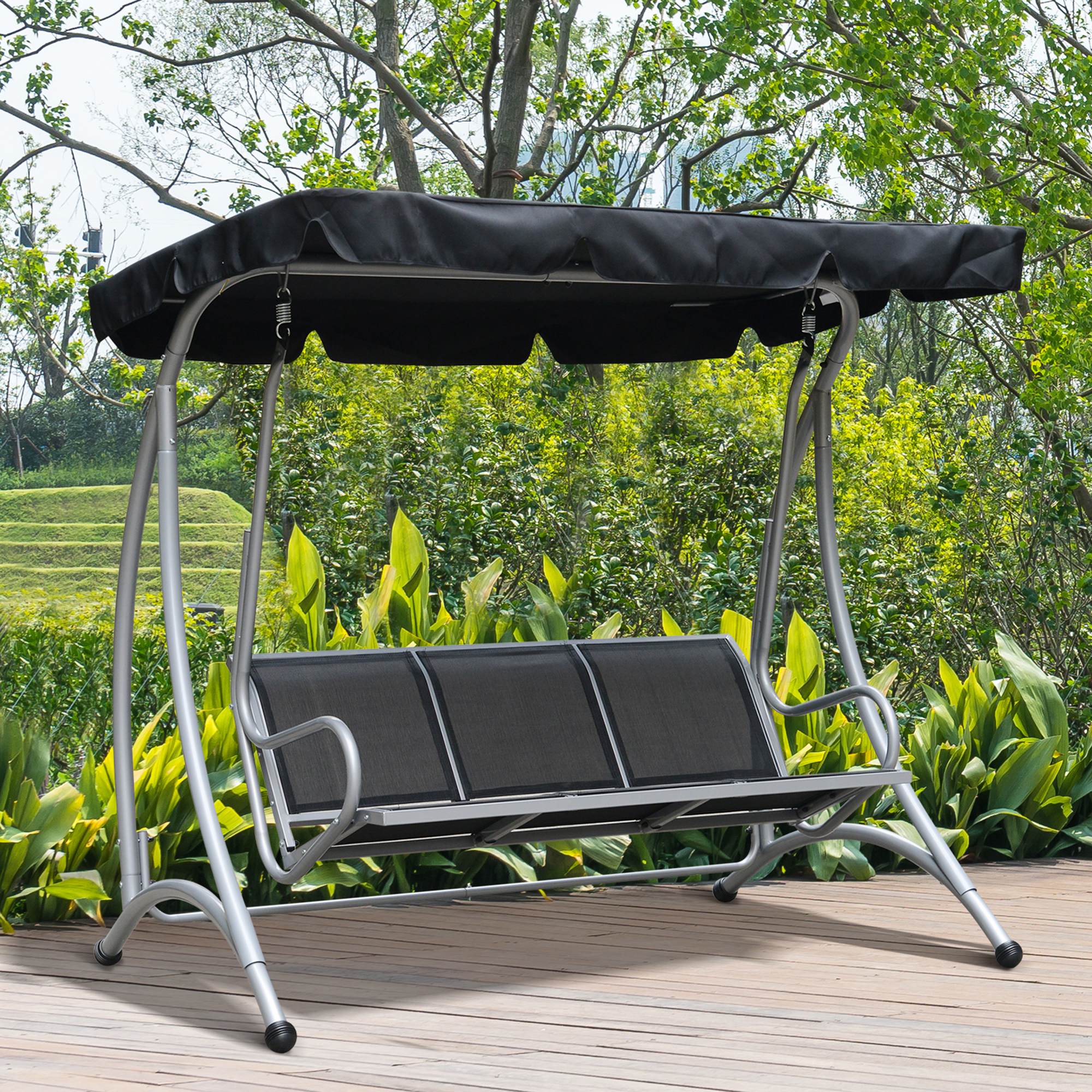 Three Person Steel Outdoor Porch Swing Chair Bench with Canopy Cover - Black - Image 2