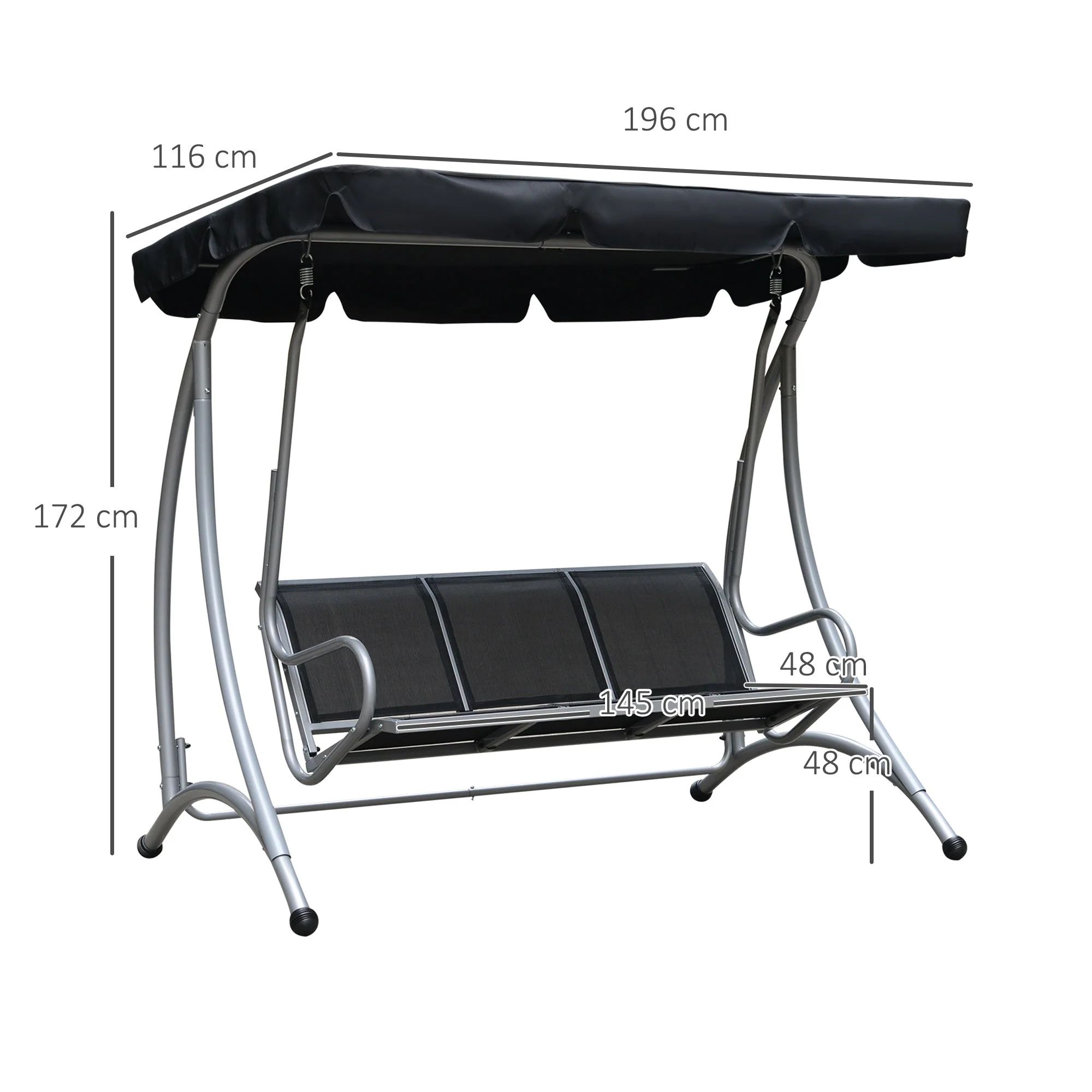 Three Person Steel Outdoor Porch Swing Chair Bench with Canopy Cover - Black - Image 3