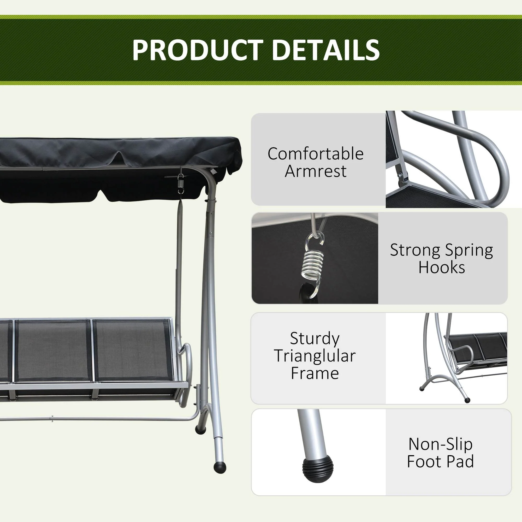 Three Person Steel Outdoor Porch Swing Chair Bench with Canopy Cover - Black - Image 6