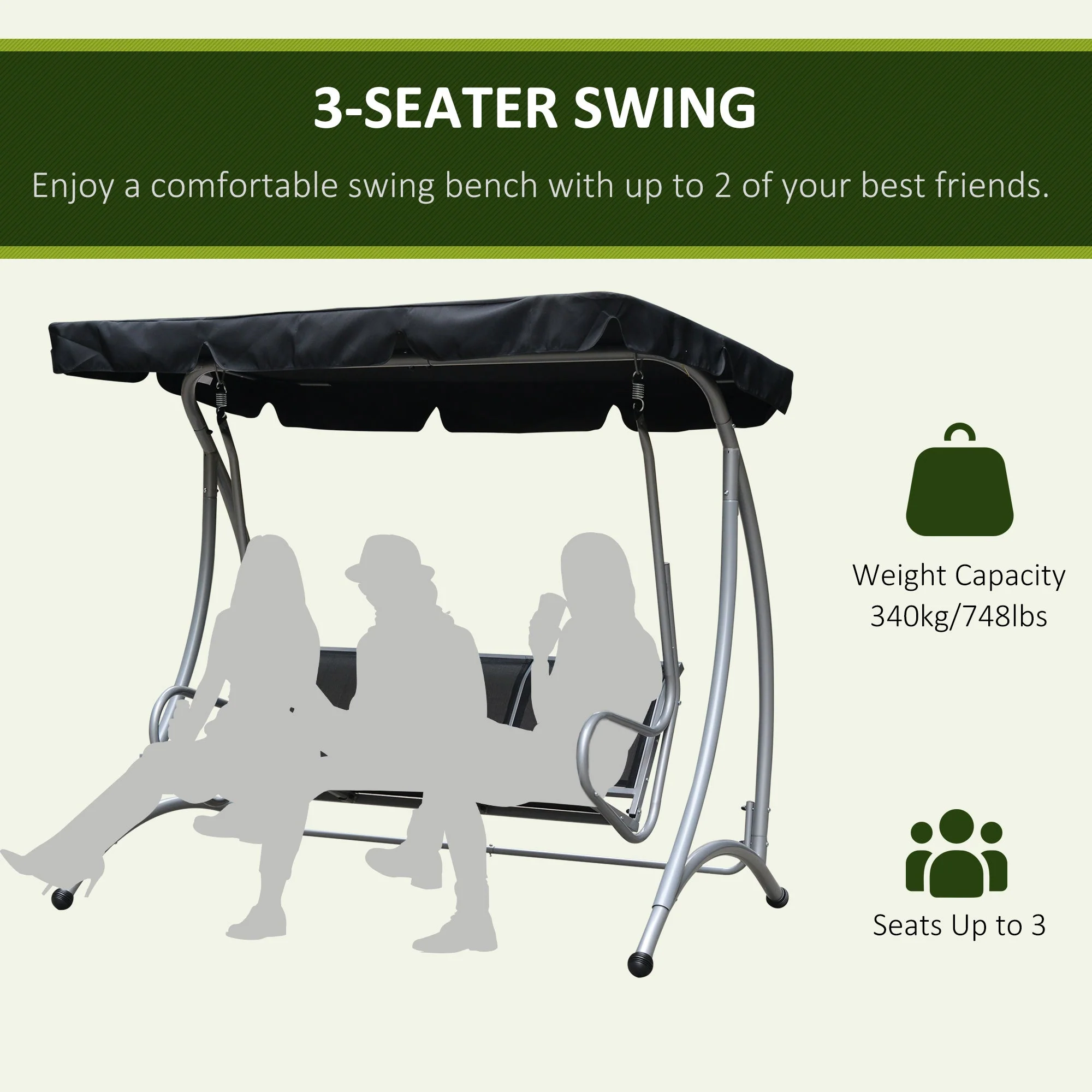 Three Person Steel Outdoor Porch Swing Chair Bench with Canopy Cover - Black - Image 7