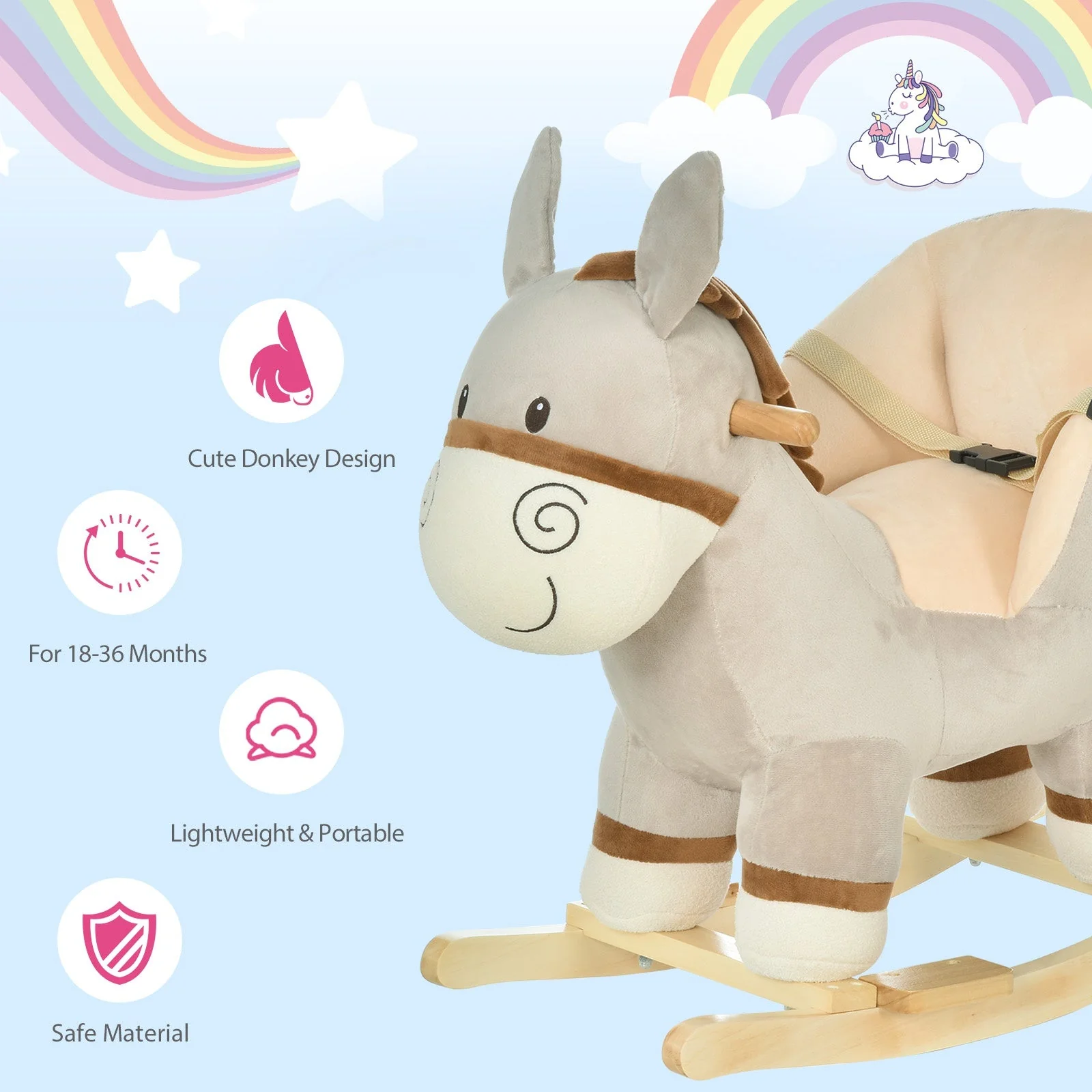 Toddlers Donkey Plush Rocking Ride On w/ Sound Grey - Image 7