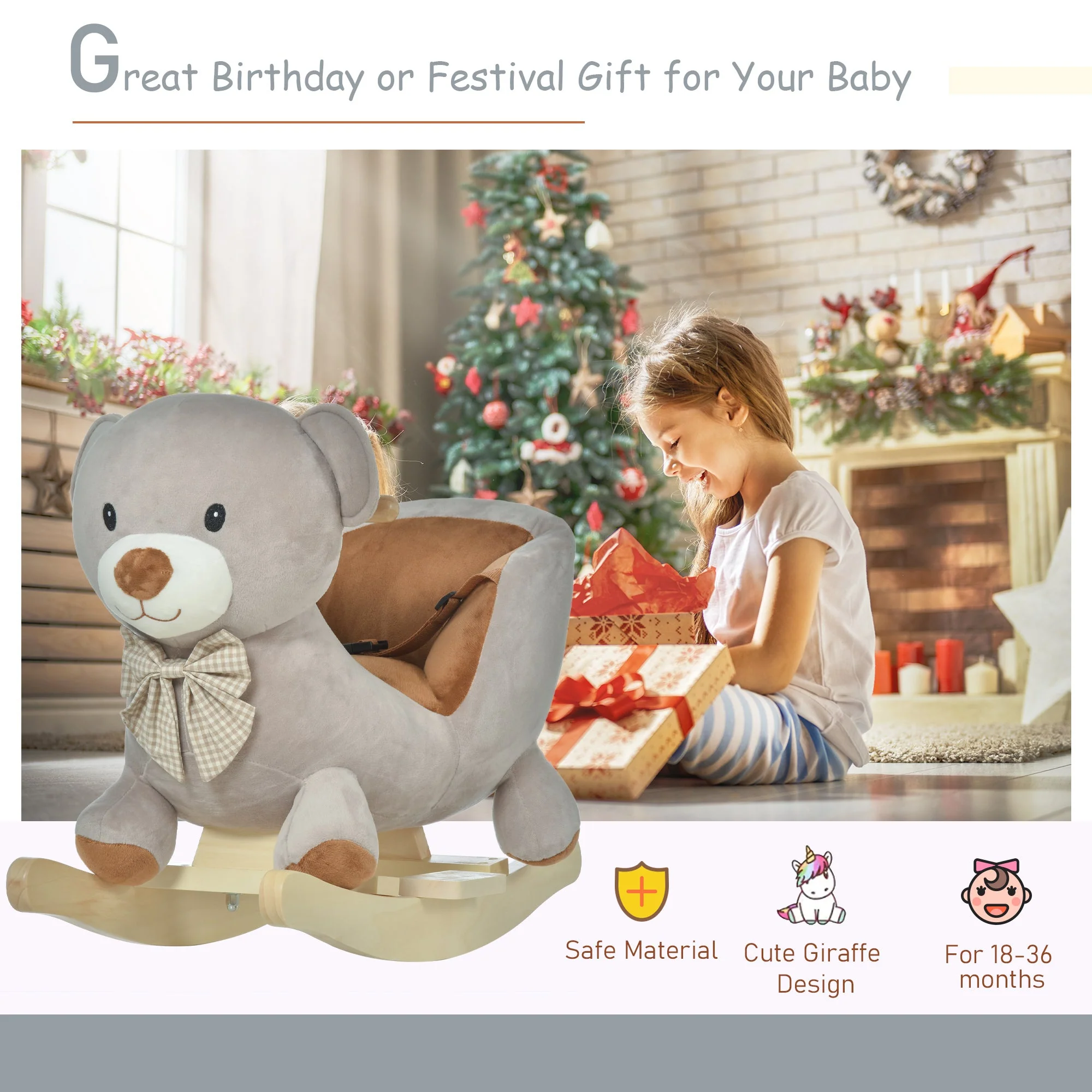Toddlers Plush Bear Rocking Horse Grey - Image 4