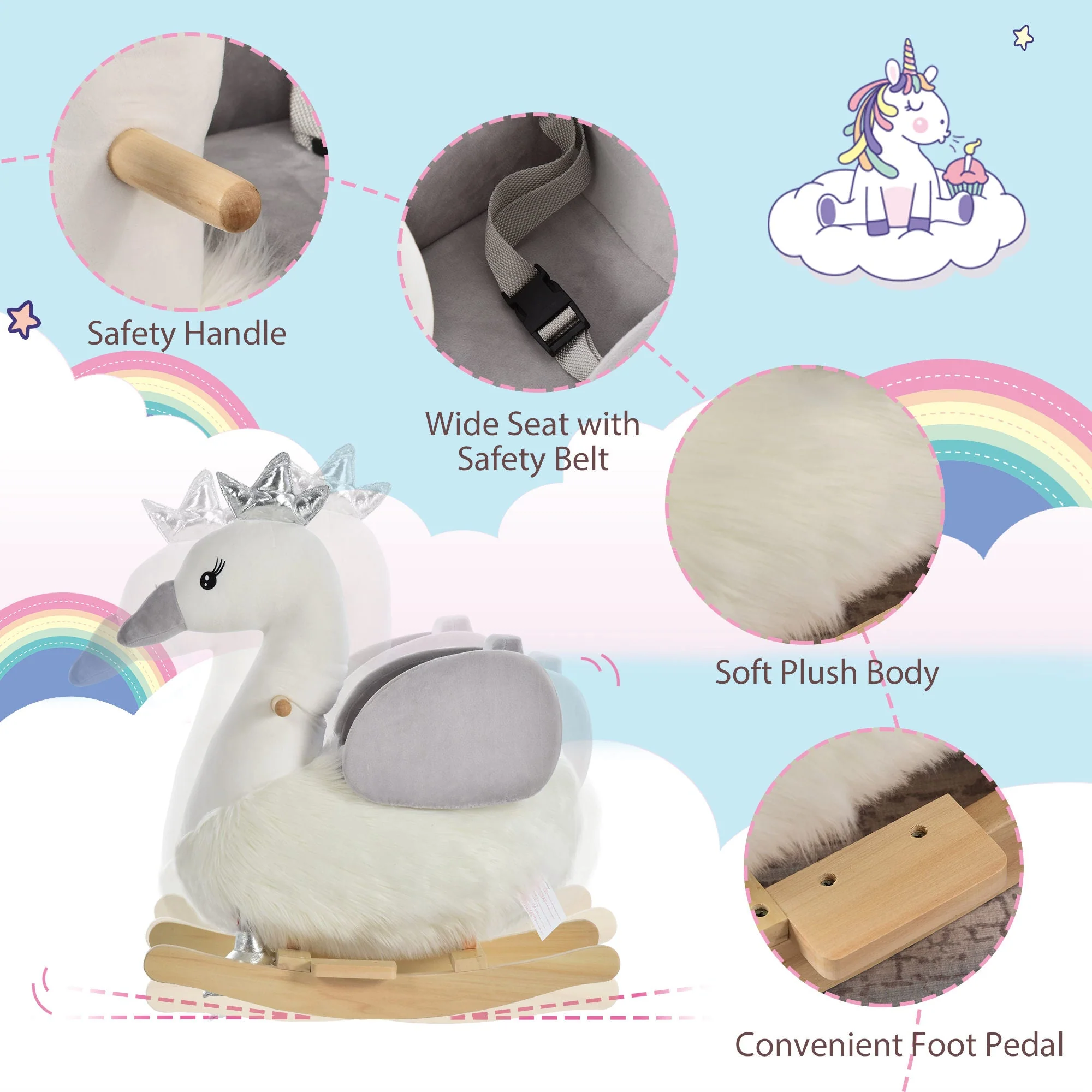 Toddlers Swan Plush Rocking Ride On w/ Sound White/Grey - Image 4