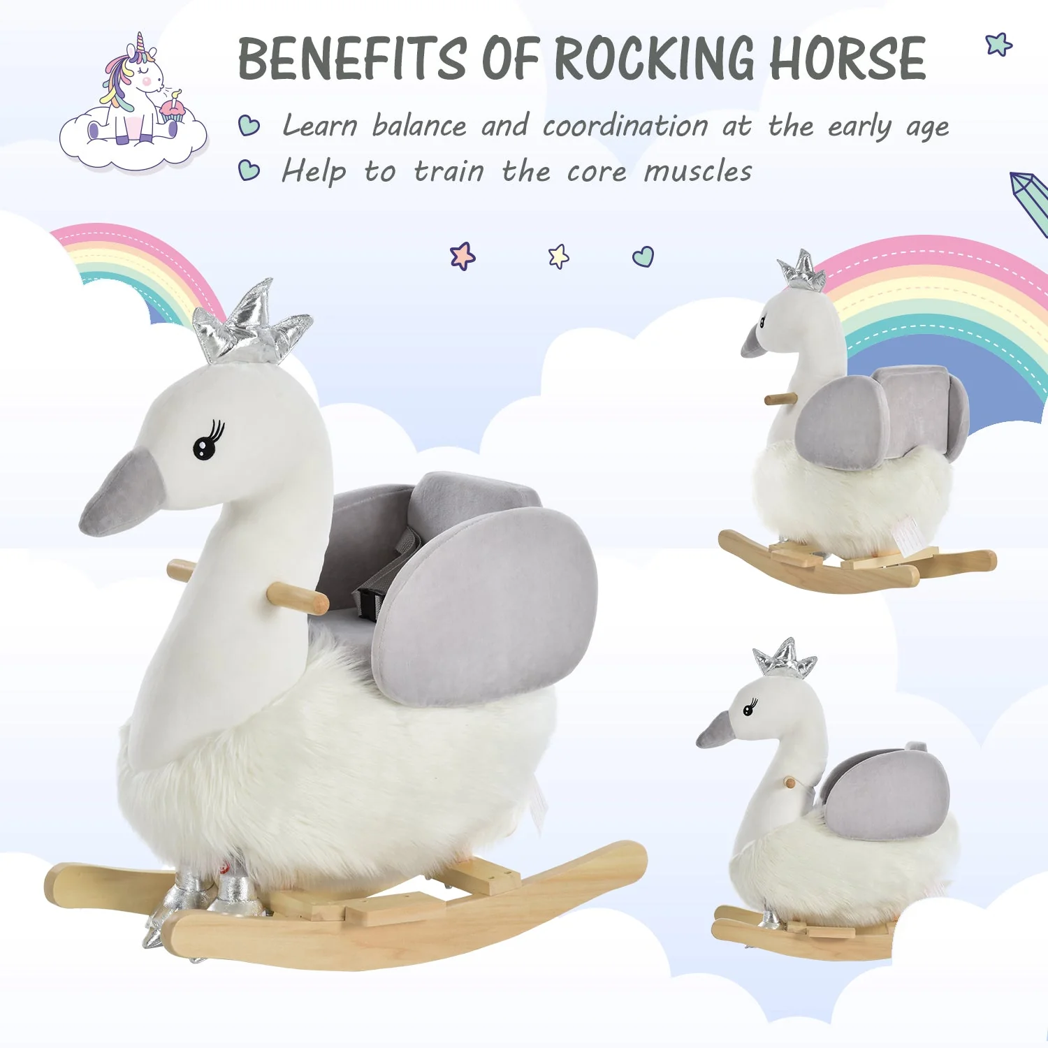 Toddlers Swan Plush Rocking Ride On w/ Sound White/Grey - Image 5