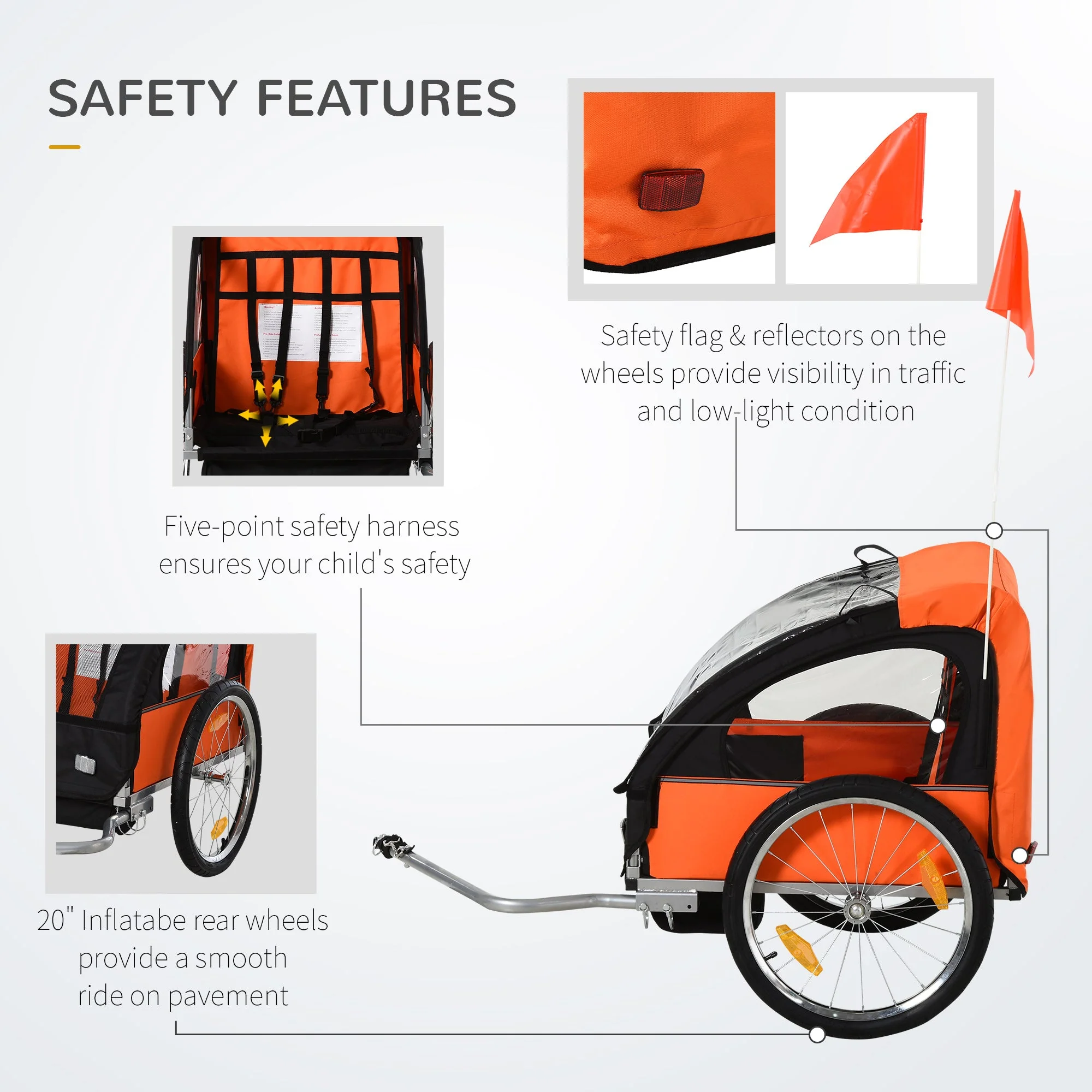 Trailer for Kids Steel Frame Children's 2 Seater Bike Trailer Orange - Image 4