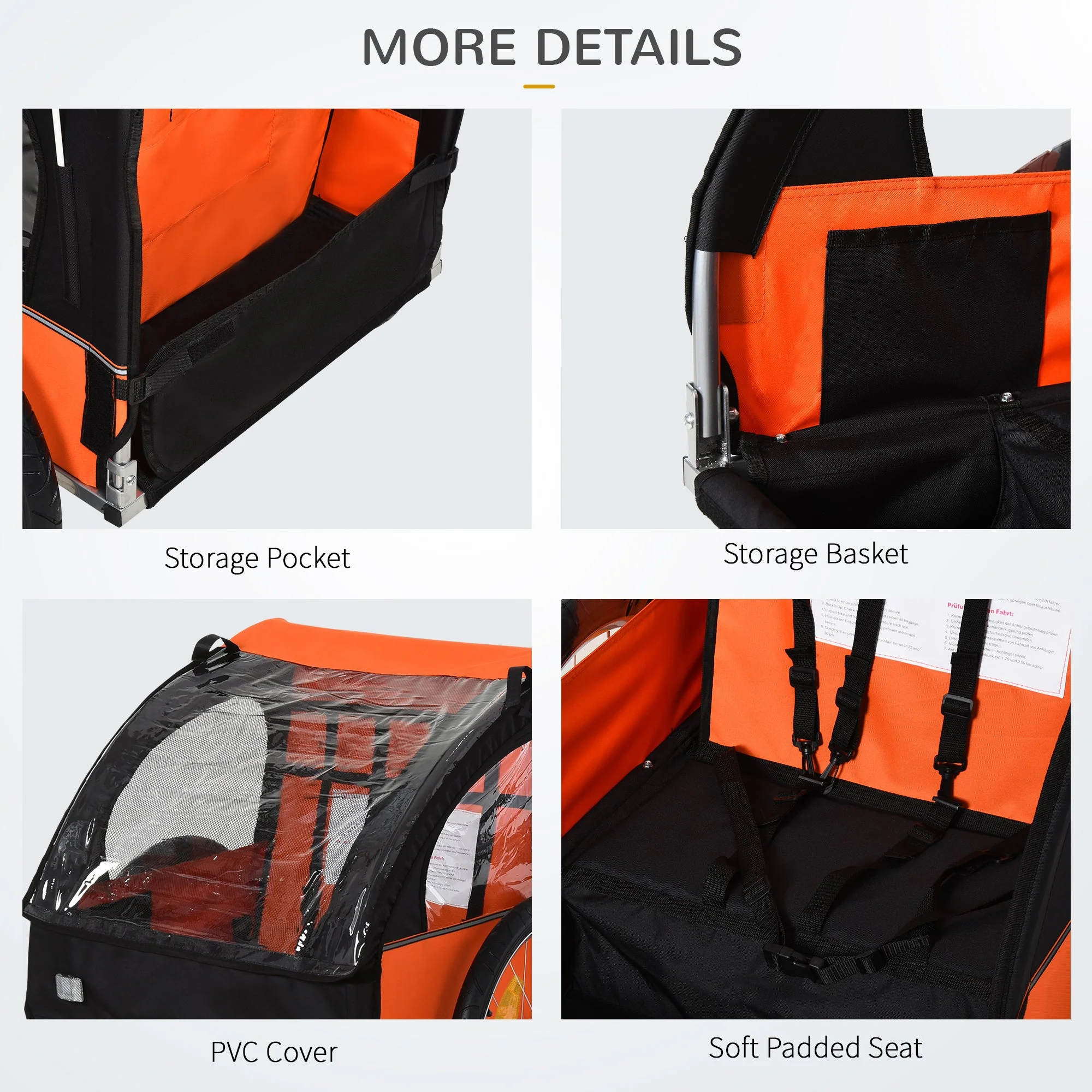 Trailer for Kids Steel Frame Children's 2 Seater Bike Trailer Orange - Image 6