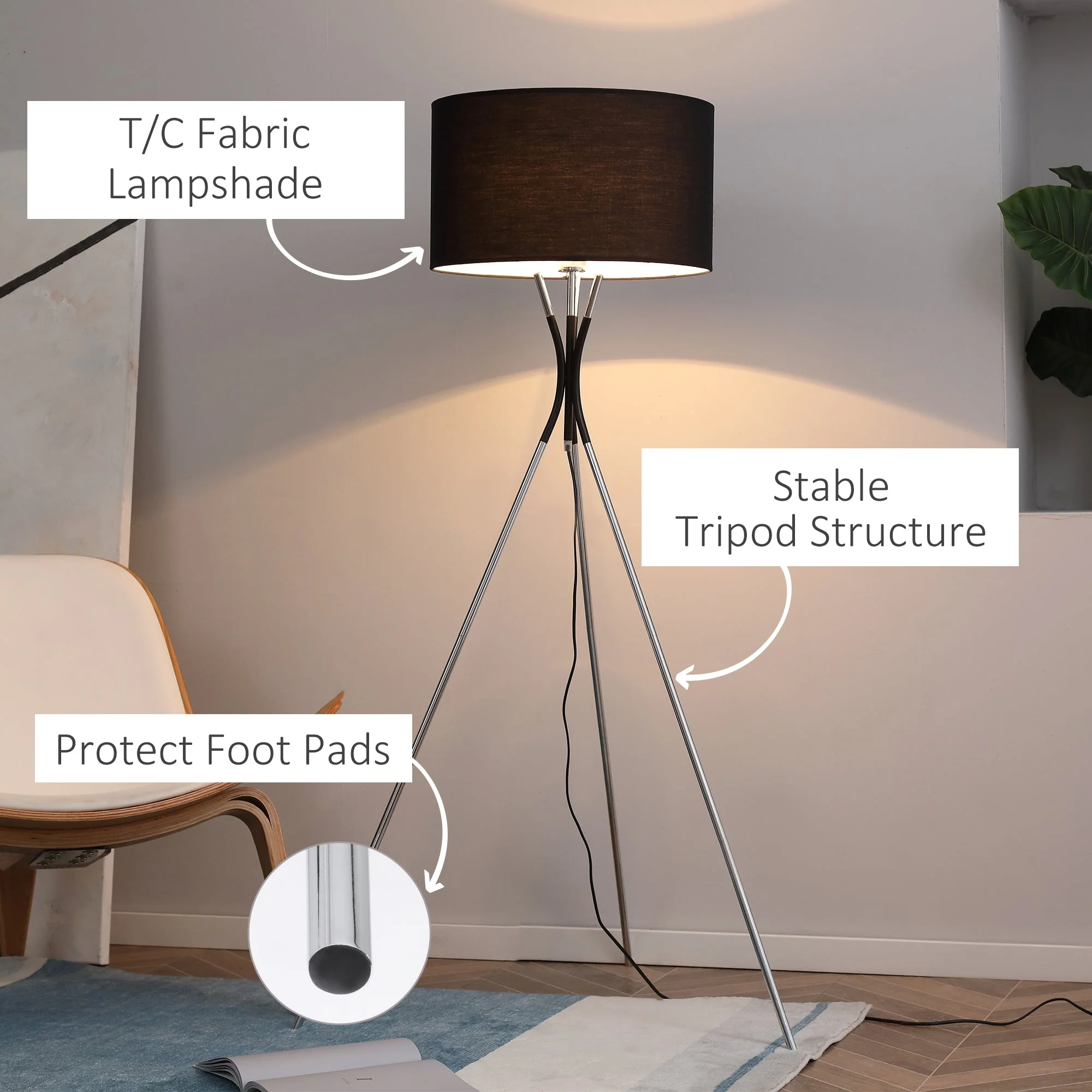Tripod Floor Lamp Free Standing Light w/ Metal Frame & E27 Base for Living Room - Image 5