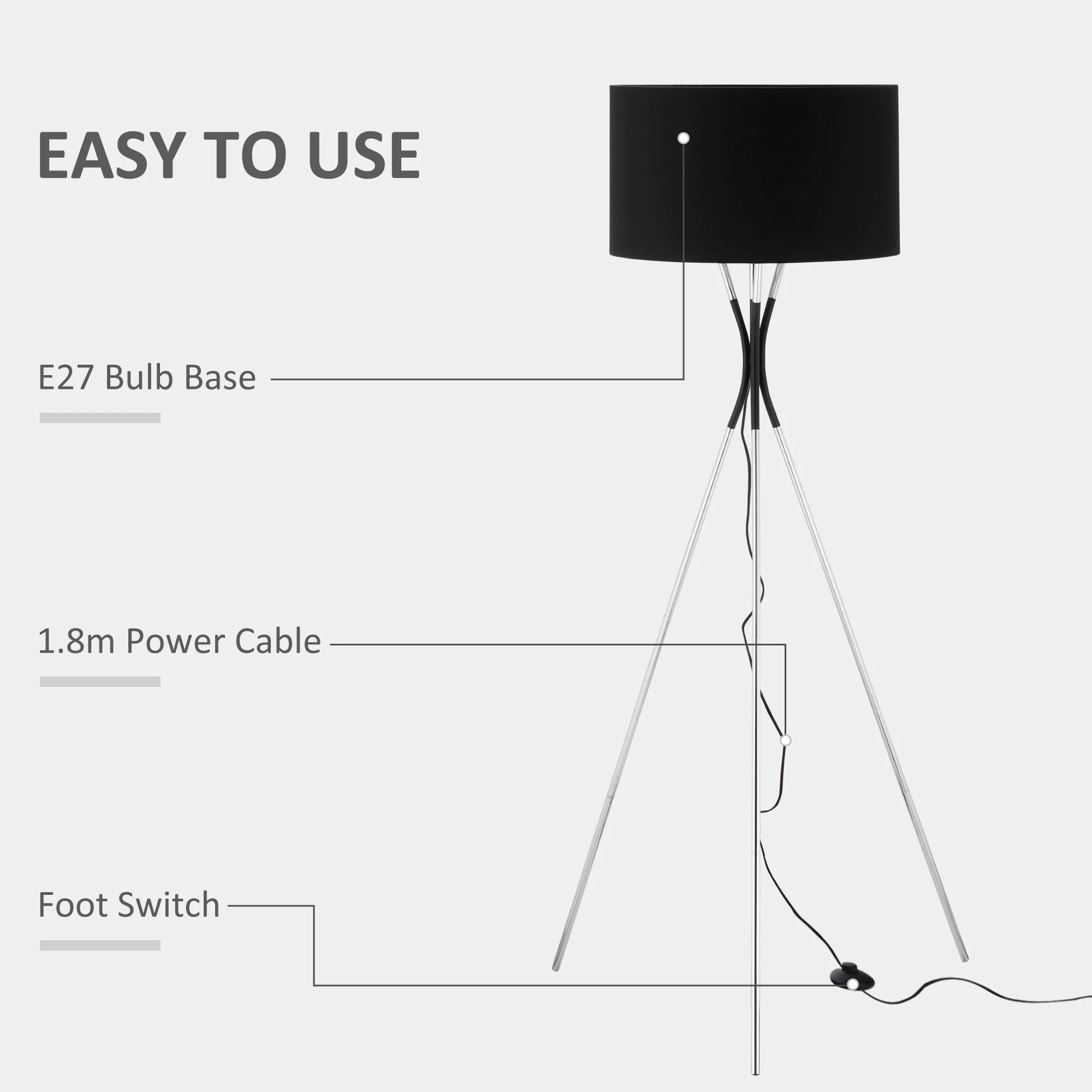 Tripod Floor Lamp Free Standing Light w/ Metal Frame & E27 Base for Living Room - Image 6