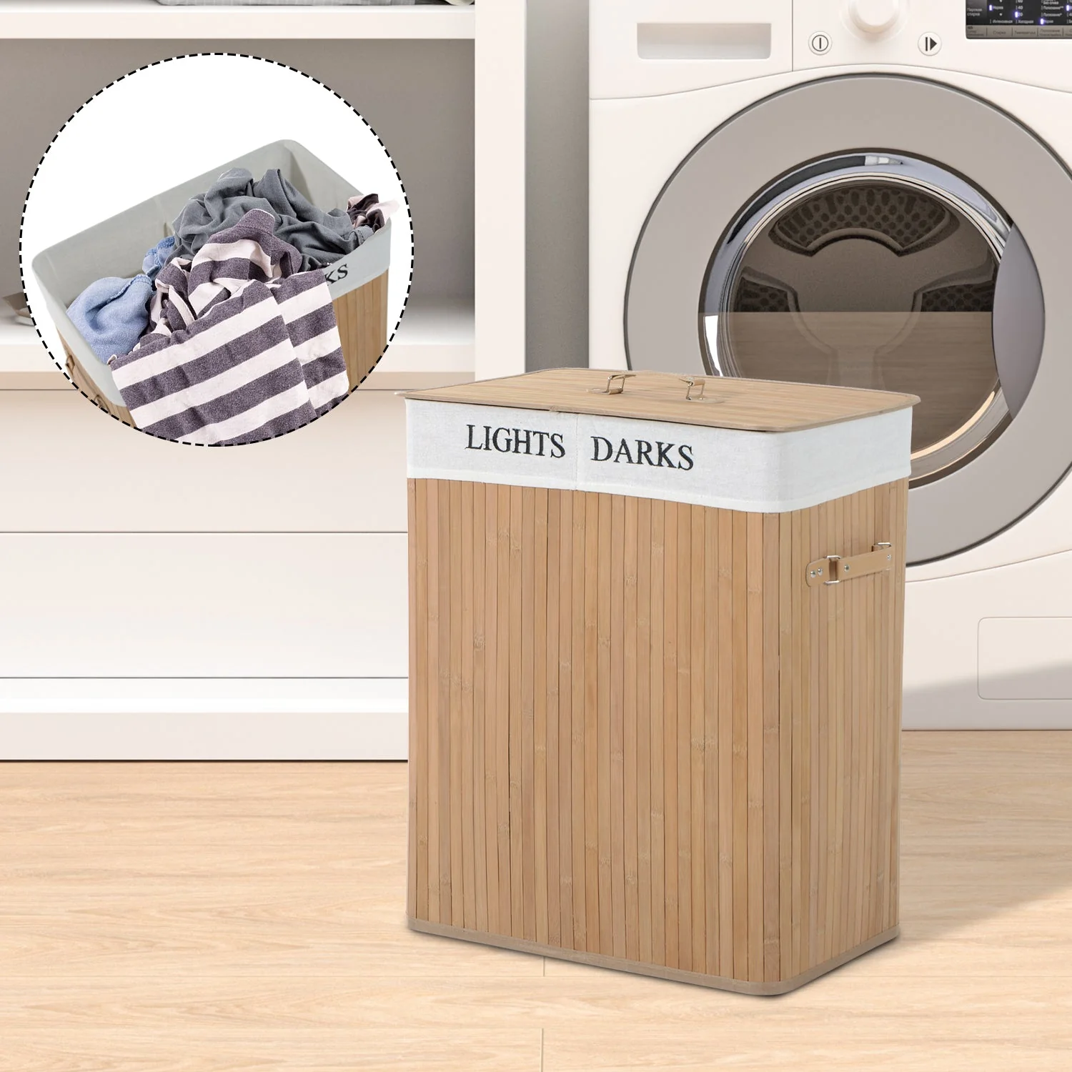 Two-Compartment Wooden Laundry Basket - Image 2