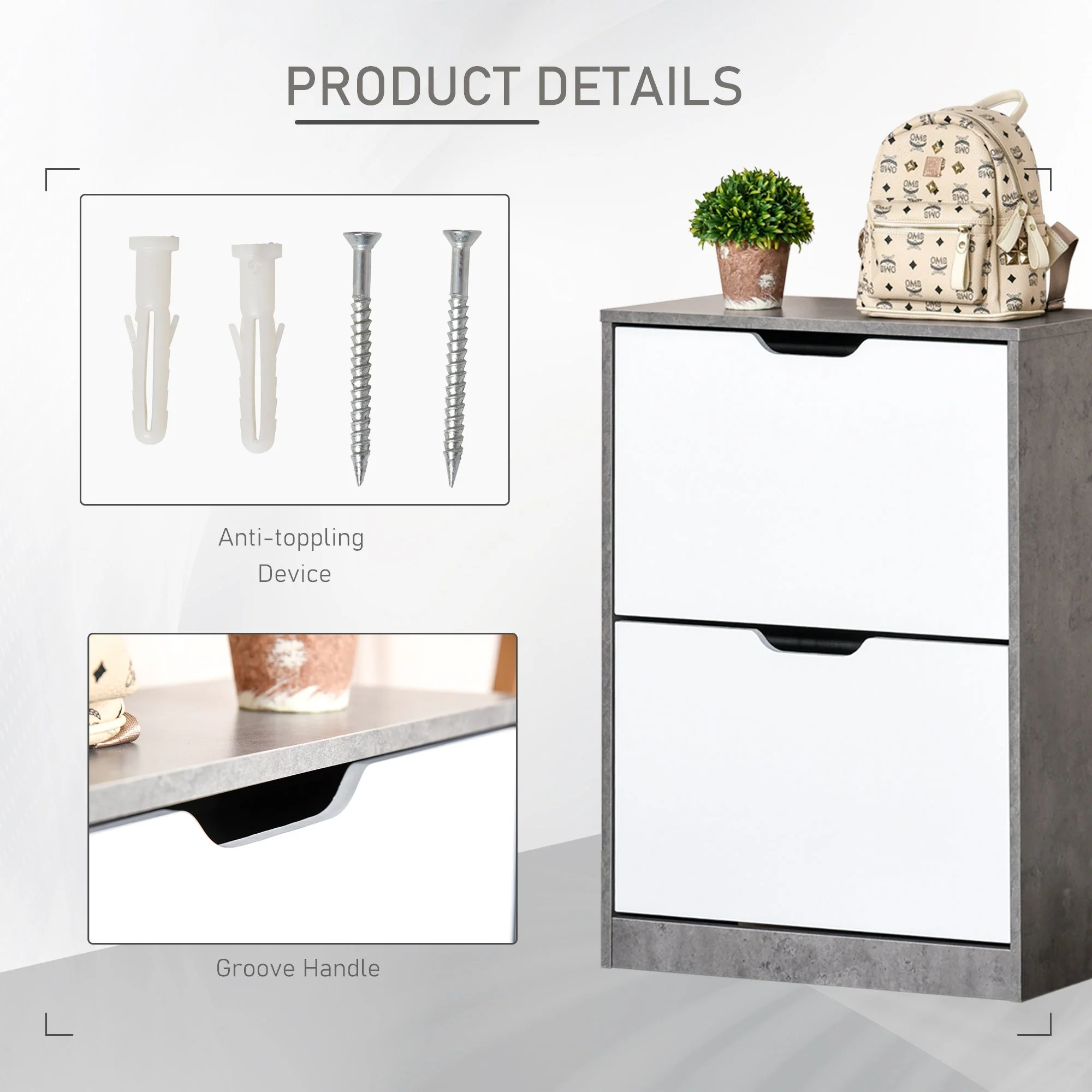 Two Drawer Shoe Cabinet Home Storage Organiser w/ Groove Handles Adjustable Shelves Modern Boxy Rack Hallway Bedroom Furniture - Image 4