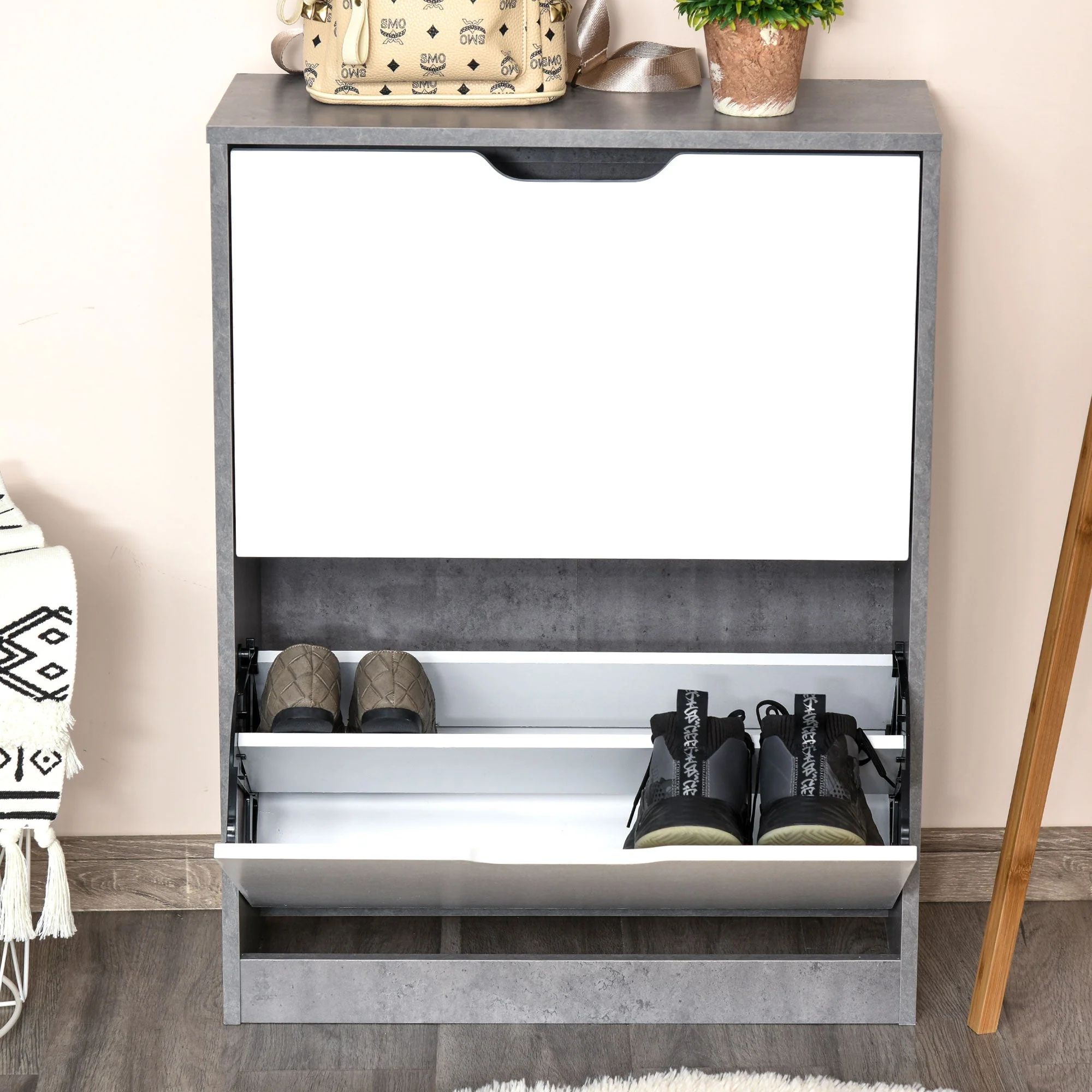 Two Drawer Shoe Cabinet Home Storage Organiser w/ Groove Handles Adjustable Shelves Modern Boxy Rack Hallway Bedroom Furniture - Image 6