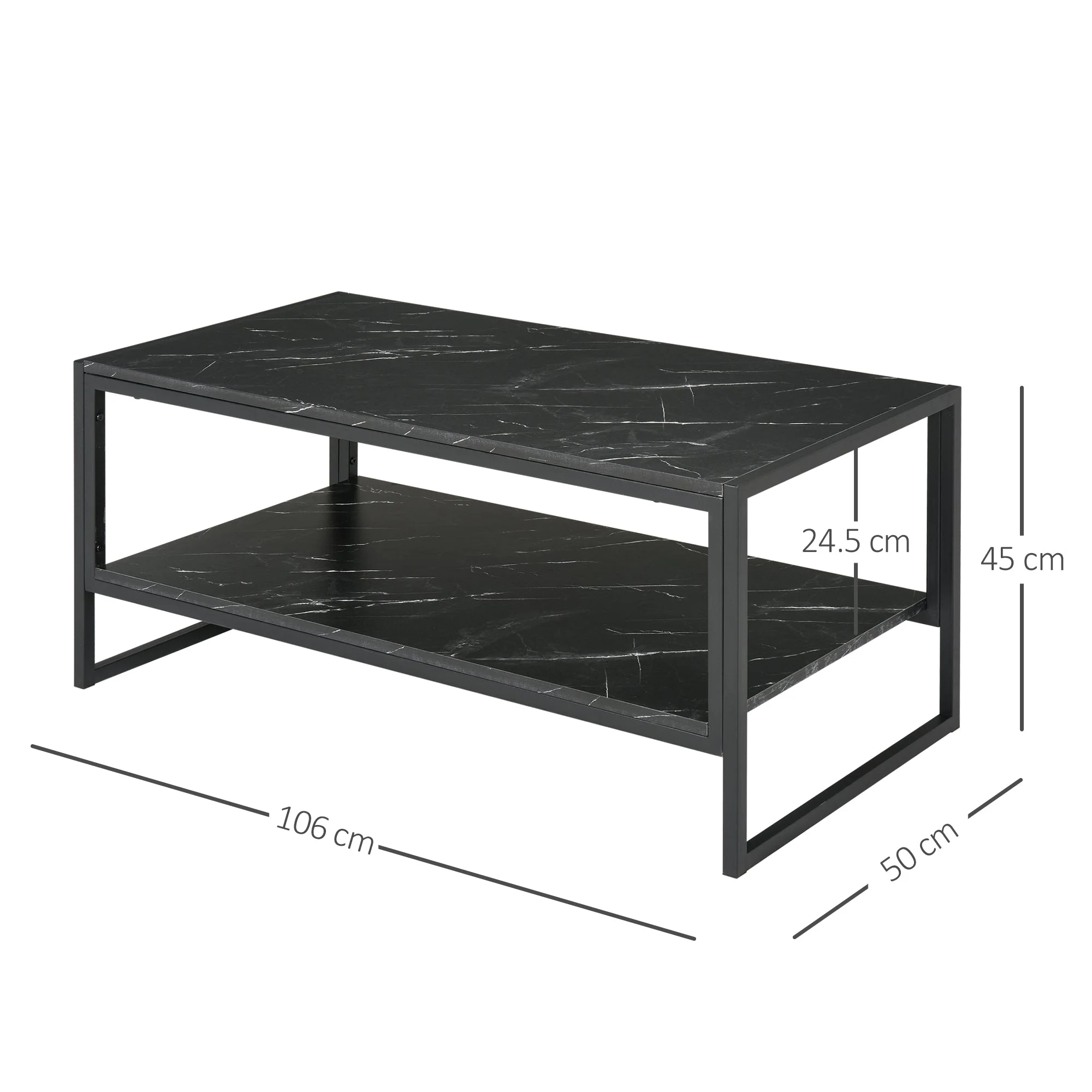 Two-Tier Laminate Marble Print Table Top Coffee Table w/ Metal Frame Foot Pads Elegant Modern Style 2 Shelves Home Display Storage Unit Living Room - Image 3
