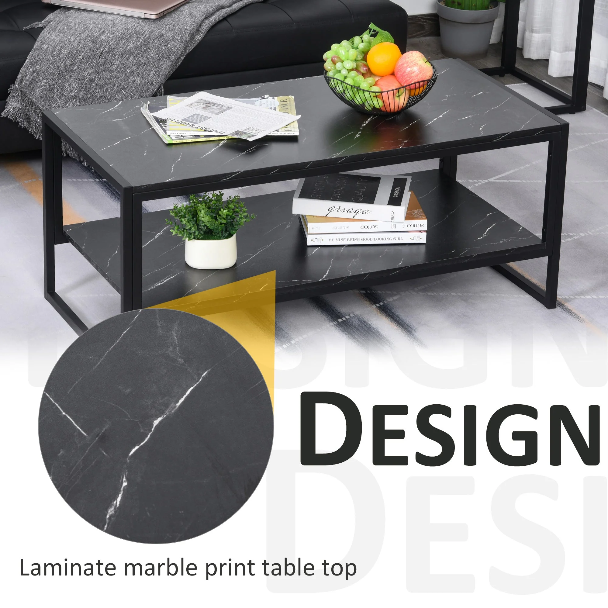 Two-Tier Laminate Marble Print Table Top Coffee Table w/ Metal Frame Foot Pads Elegant Modern Style 2 Shelves Home Display Storage Unit Living Room - Image 4