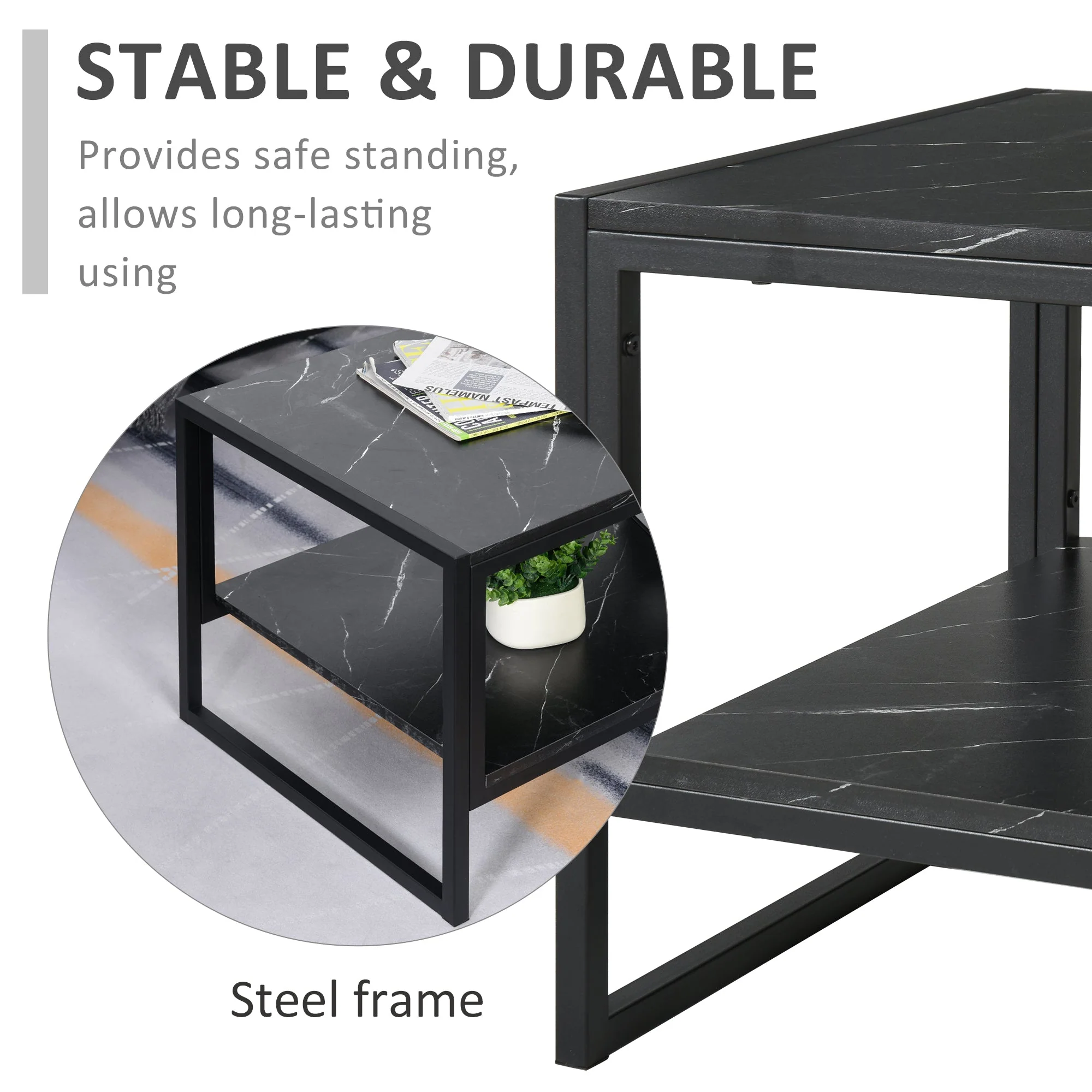 Two-Tier Laminate Marble Print Table Top Coffee Table w/ Metal Frame Foot Pads Elegant Modern Style 2 Shelves Home Display Storage Unit Living Room - Image 5