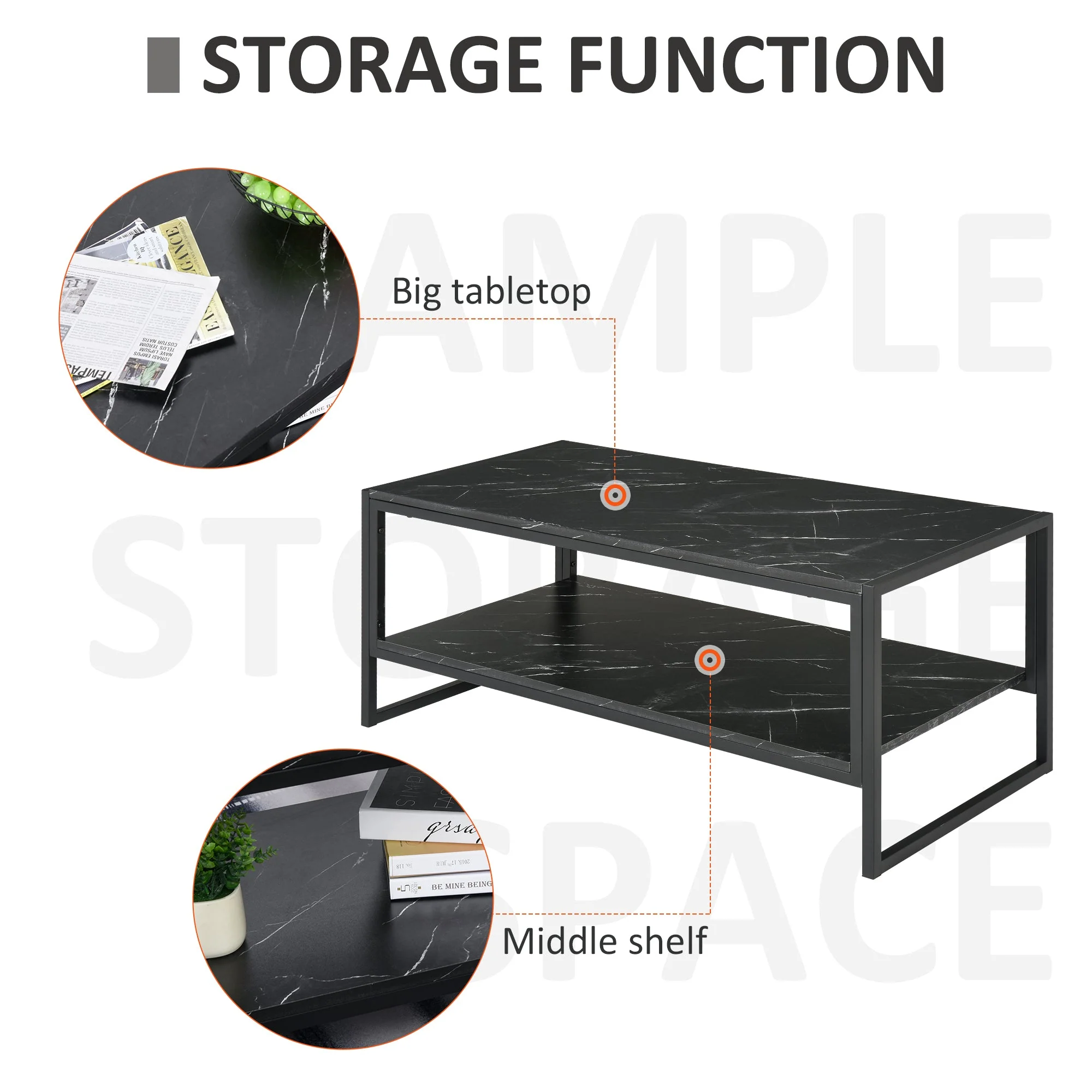 Two-Tier Laminate Marble Print Table Top Coffee Table w/ Metal Frame Foot Pads Elegant Modern Style 2 Shelves Home Display Storage Unit Living Room - Image 6