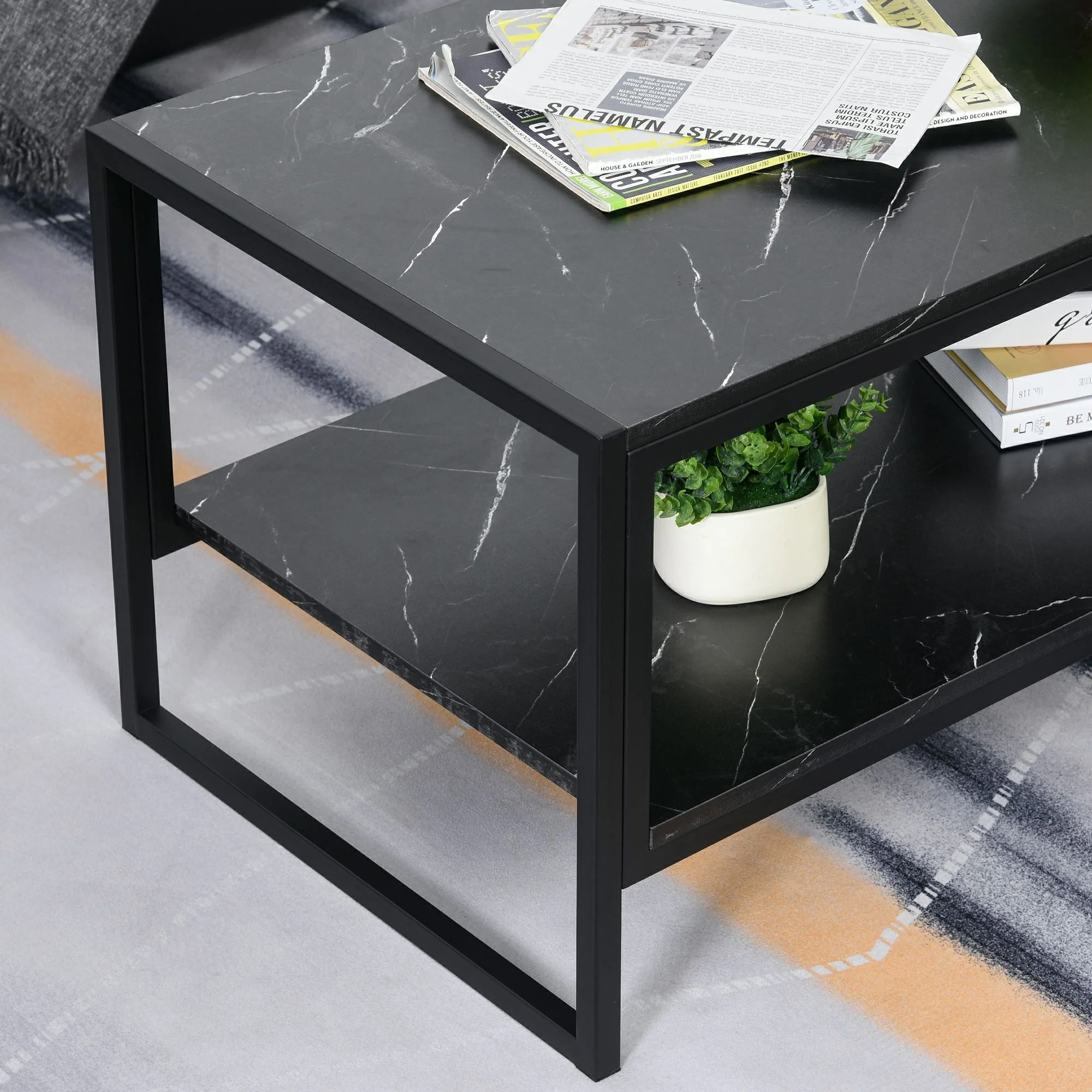 Two-Tier Laminate Marble Print Table Top Coffee Table w/ Metal Frame Foot Pads Elegant Modern Style 2 Shelves Home Display Storage Unit Living Room - Image 7