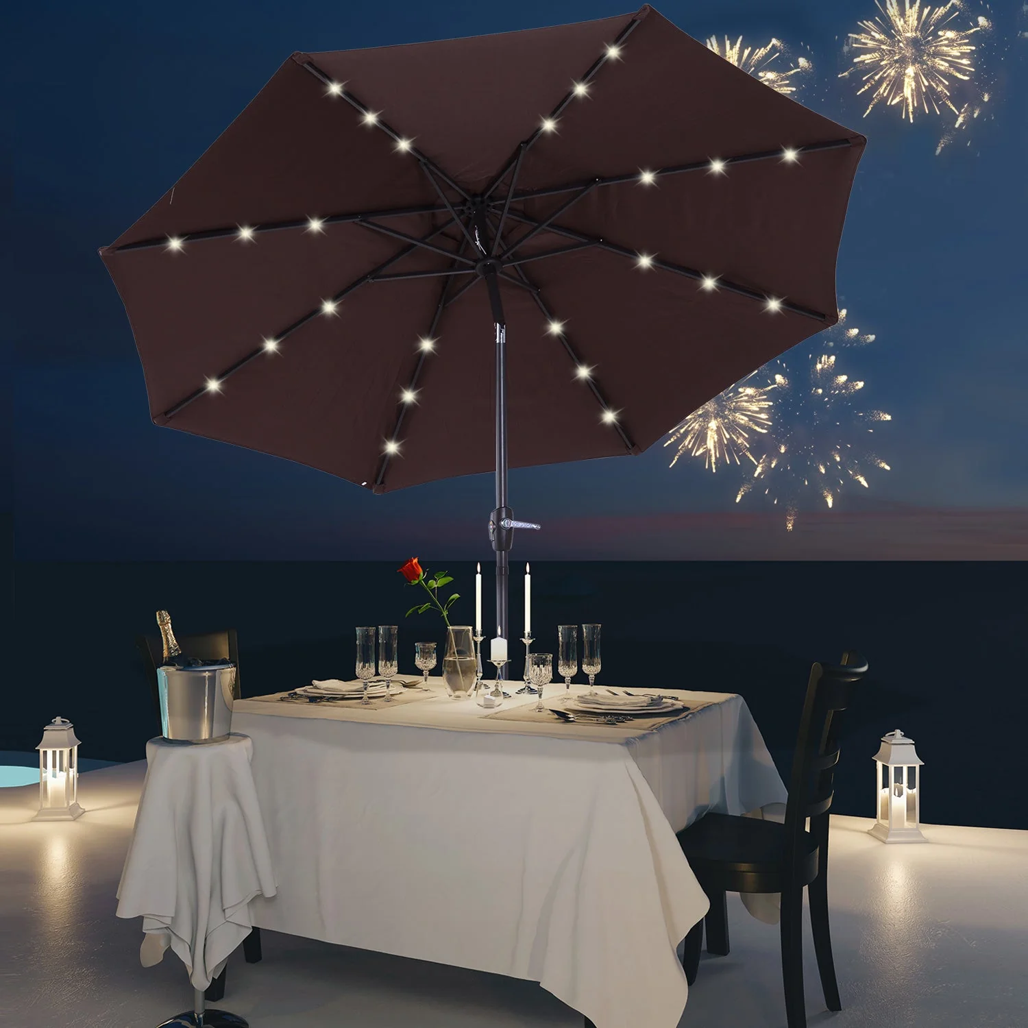 Umbrella Parasol 24 Solar LED-Brown/Coffee - Image 2
