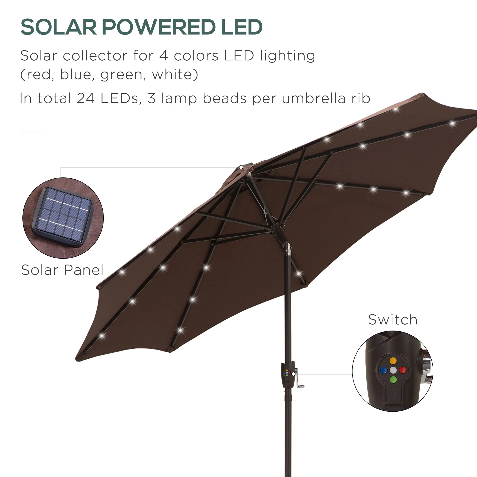 Umbrella Parasol 24 Solar LED-Brown/Coffee - Image 5