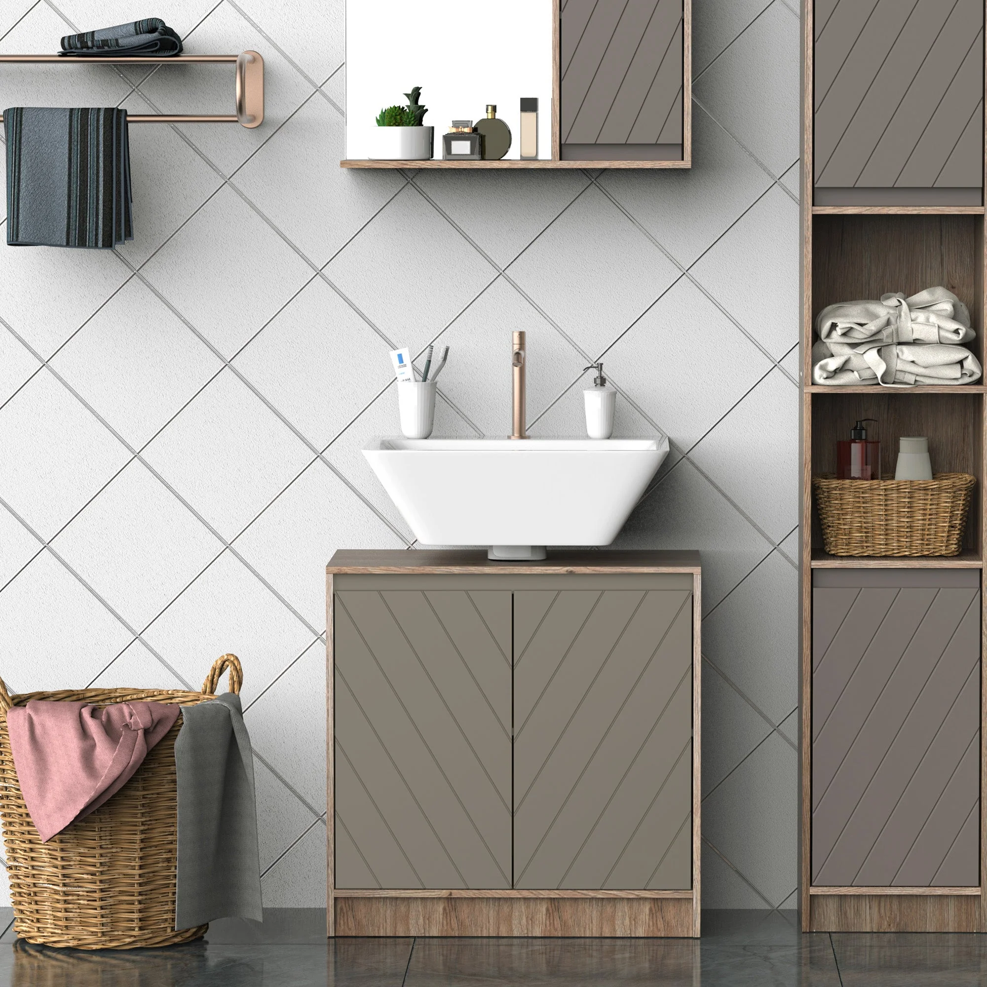 Under Sink Storage Cabinet Floor Standing Cupboard w/ Adjustable Shelf Bathroom Cabinet 2 Doors Versatile Style Grey - Image 2