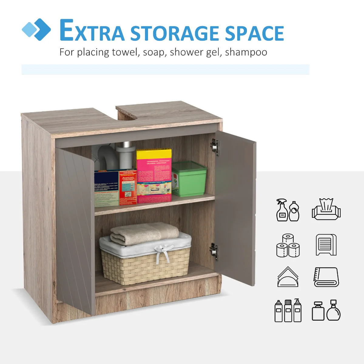 Under Sink Storage Cabinet Floor Standing Cupboard w/ Adjustable Shelf Bathroom Cabinet 2 Doors Versatile Style Grey - Image 5