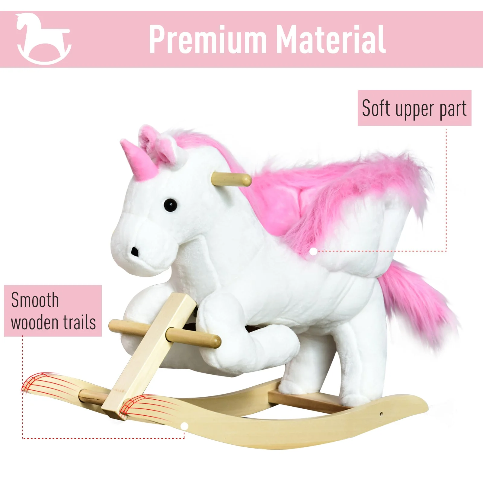 Unicorn Rocking Horse Kids Wooden Ride On Plush Toy w/ Music - Image 4