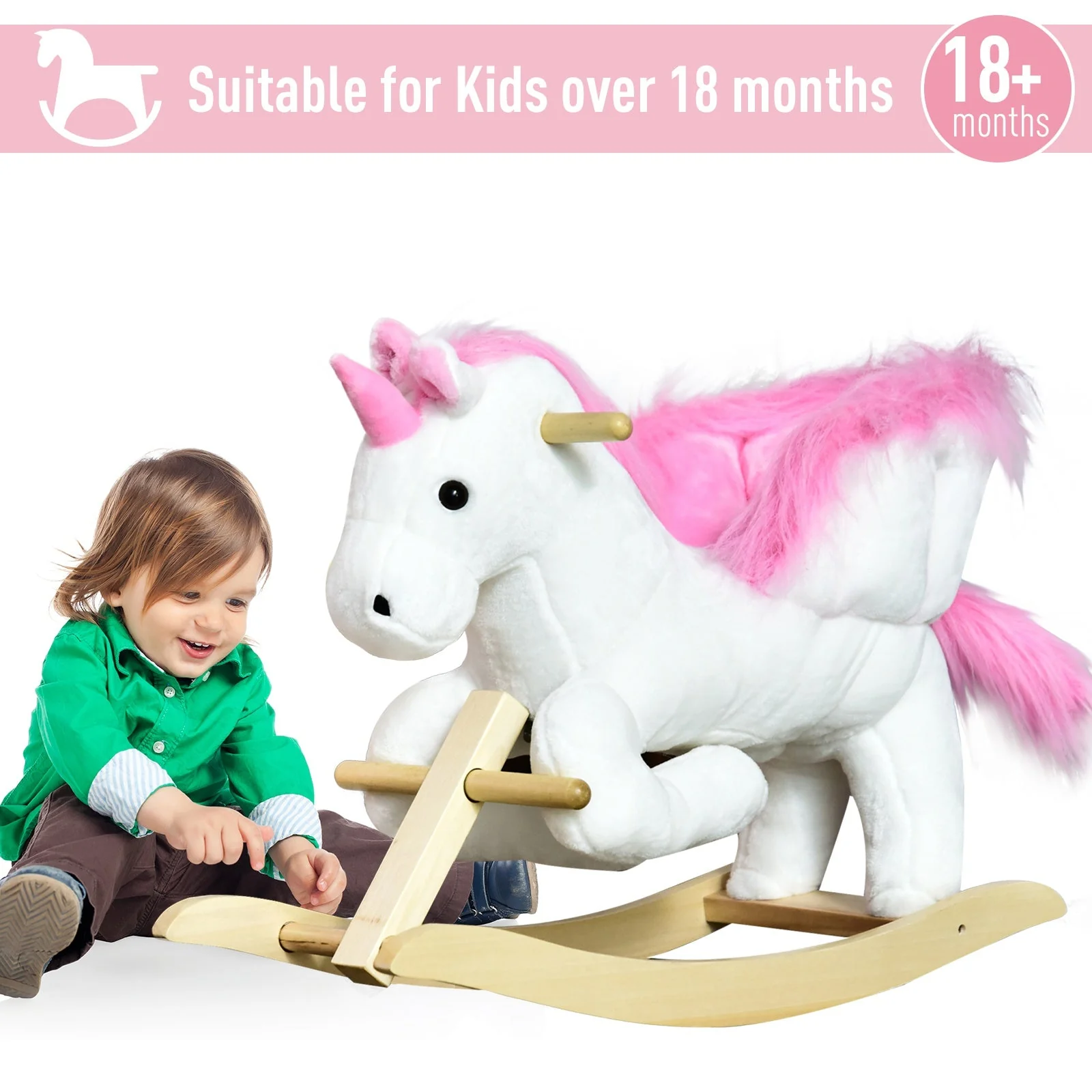 Unicorn Rocking Horse Kids Wooden Ride On Plush Toy w/ Music - Image 5