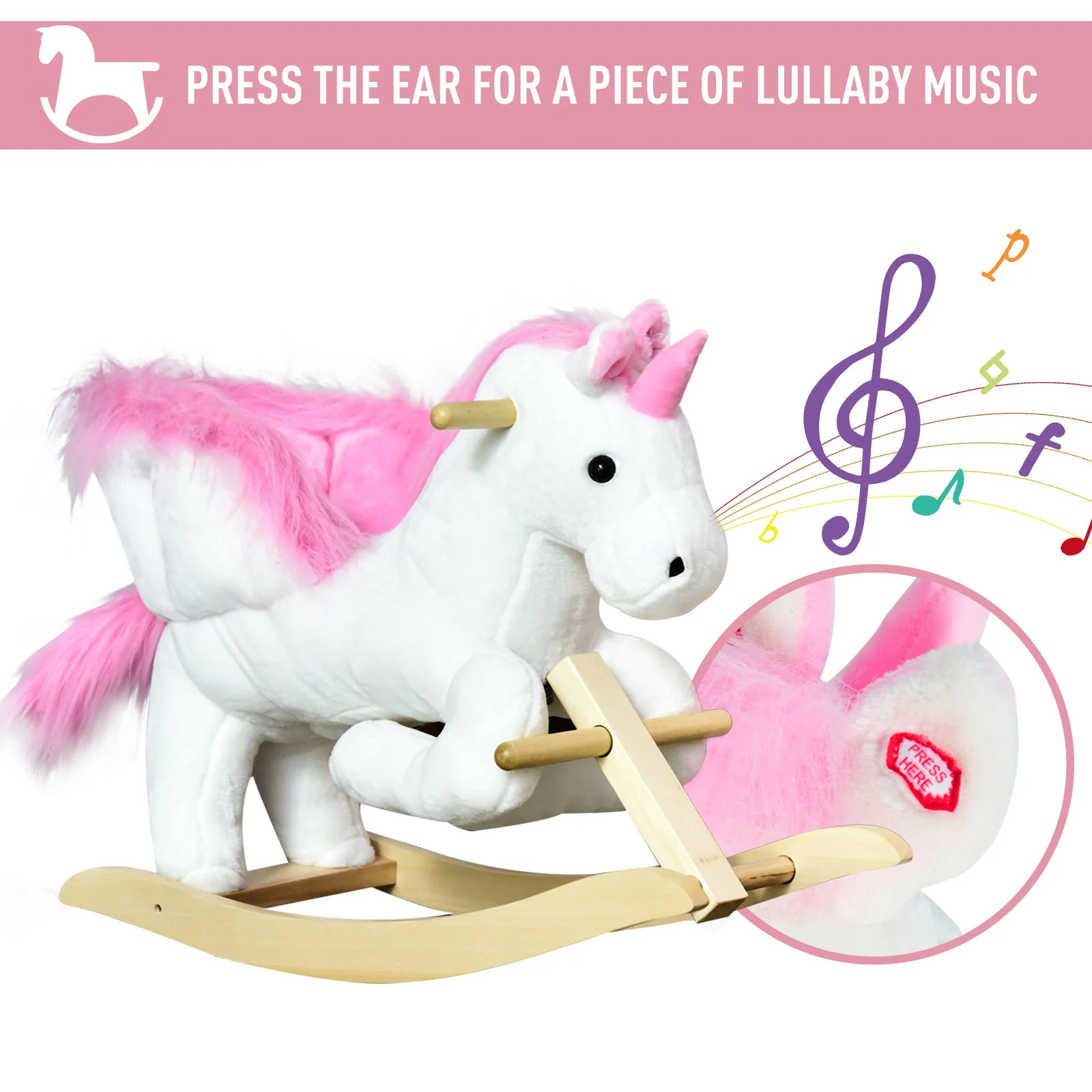 Unicorn Rocking Horse Kids Wooden Ride On Plush Toy w/ Music - Image 6