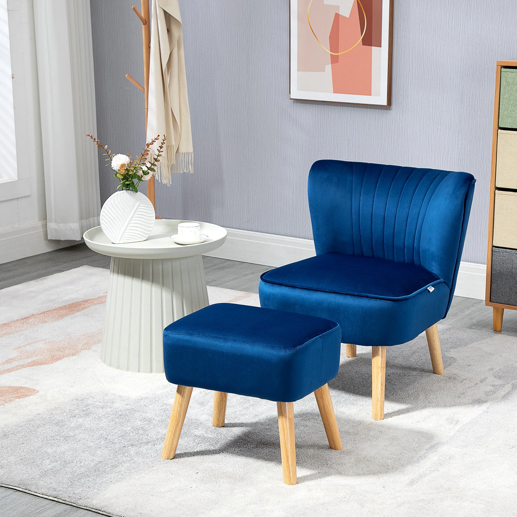 Velvet-Feel Tub Chair and Footstool - Blue - Image 2