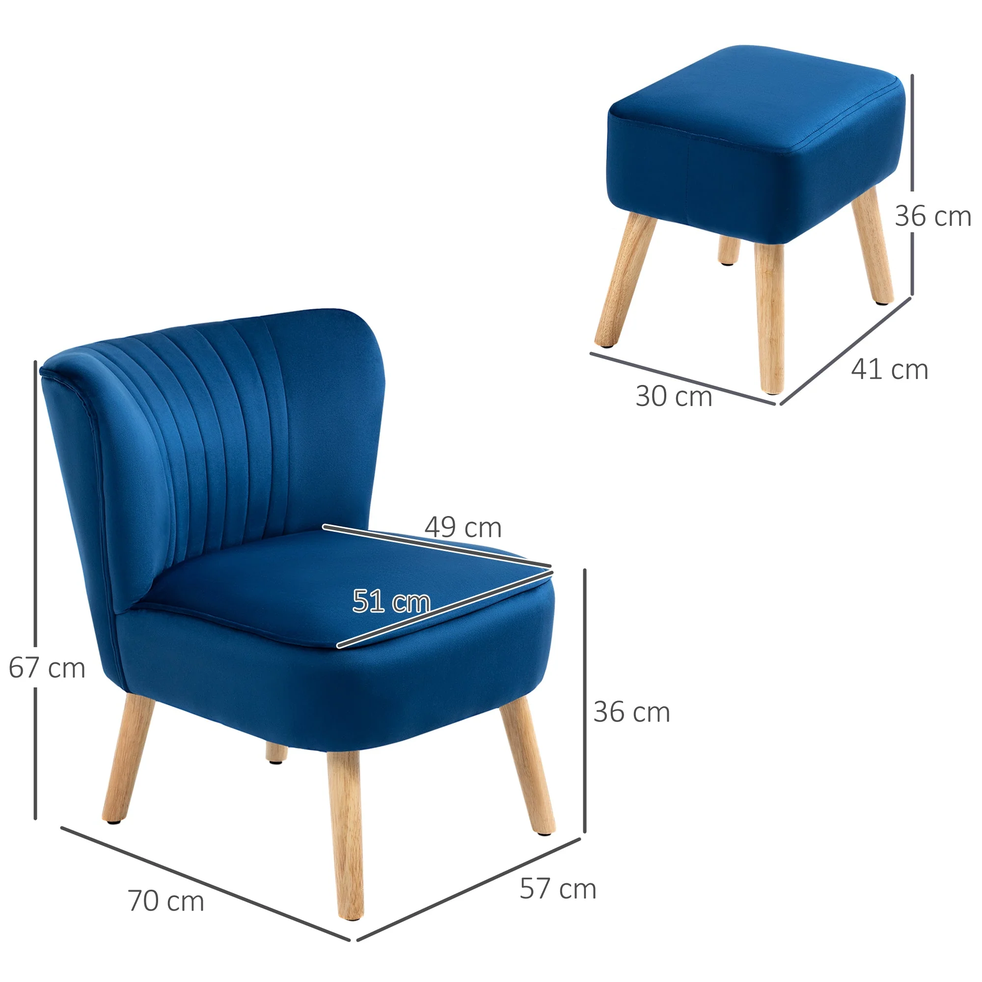 Velvet-Feel Tub Chair and Footstool - Blue - Image 3