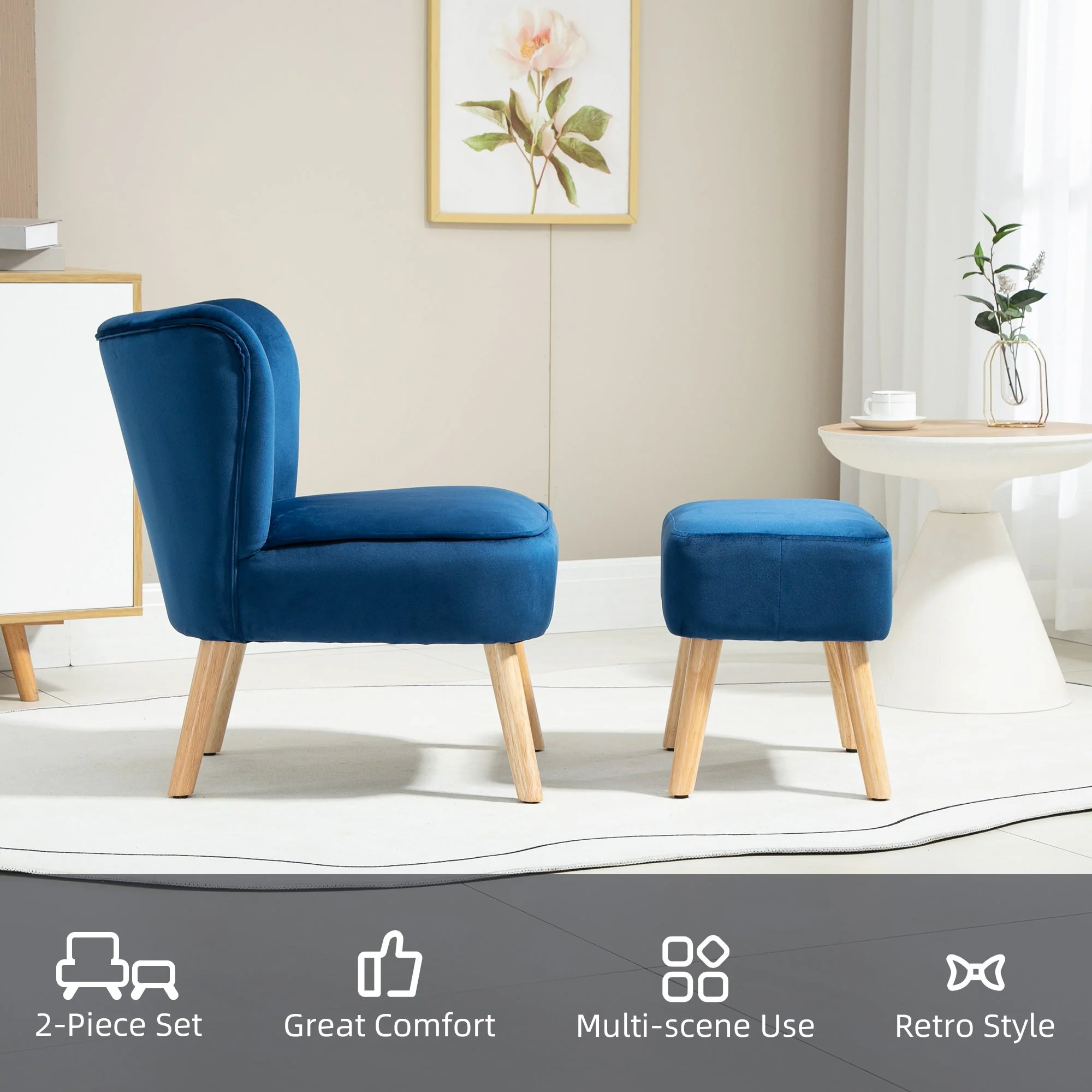 Velvet-Feel Tub Chair and Footstool - Blue - Image 6