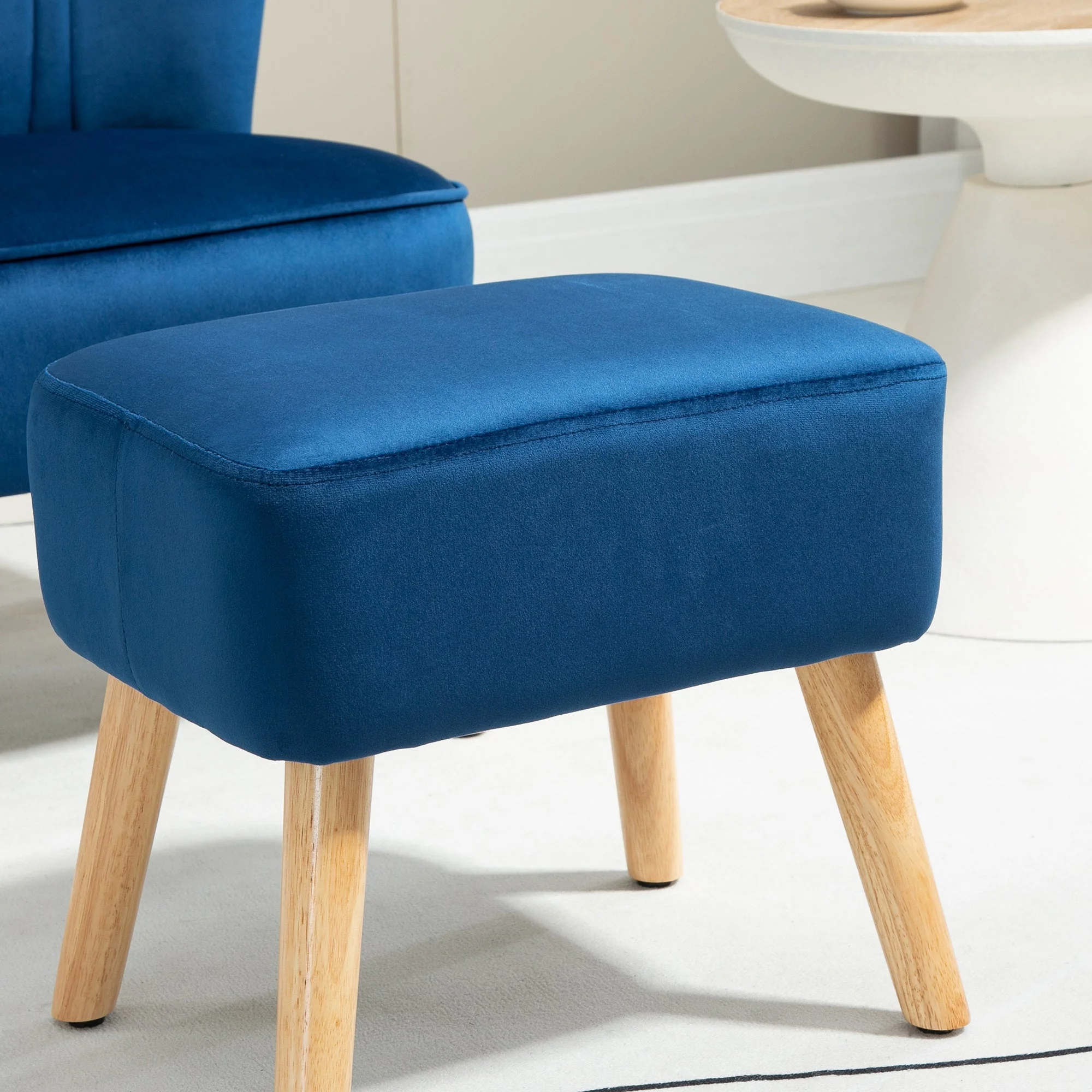 Velvet-Feel Tub Chair and Footstool - Blue - Image 7
