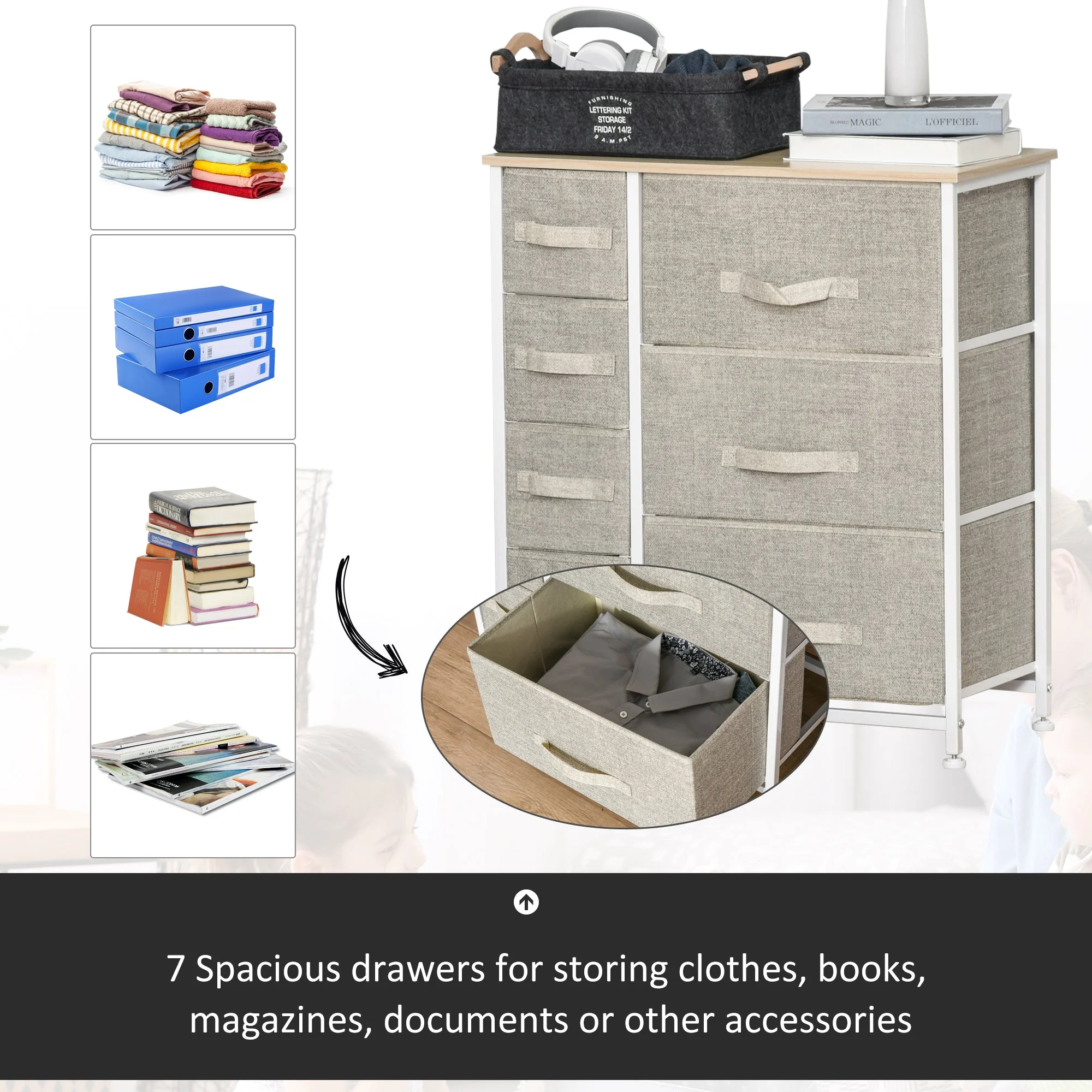 Vertical 7 Linen Drawers Cabinet Organizer Storage Dresser Tower with Metal Frame Adjustable Feet for Living Room - Image 4