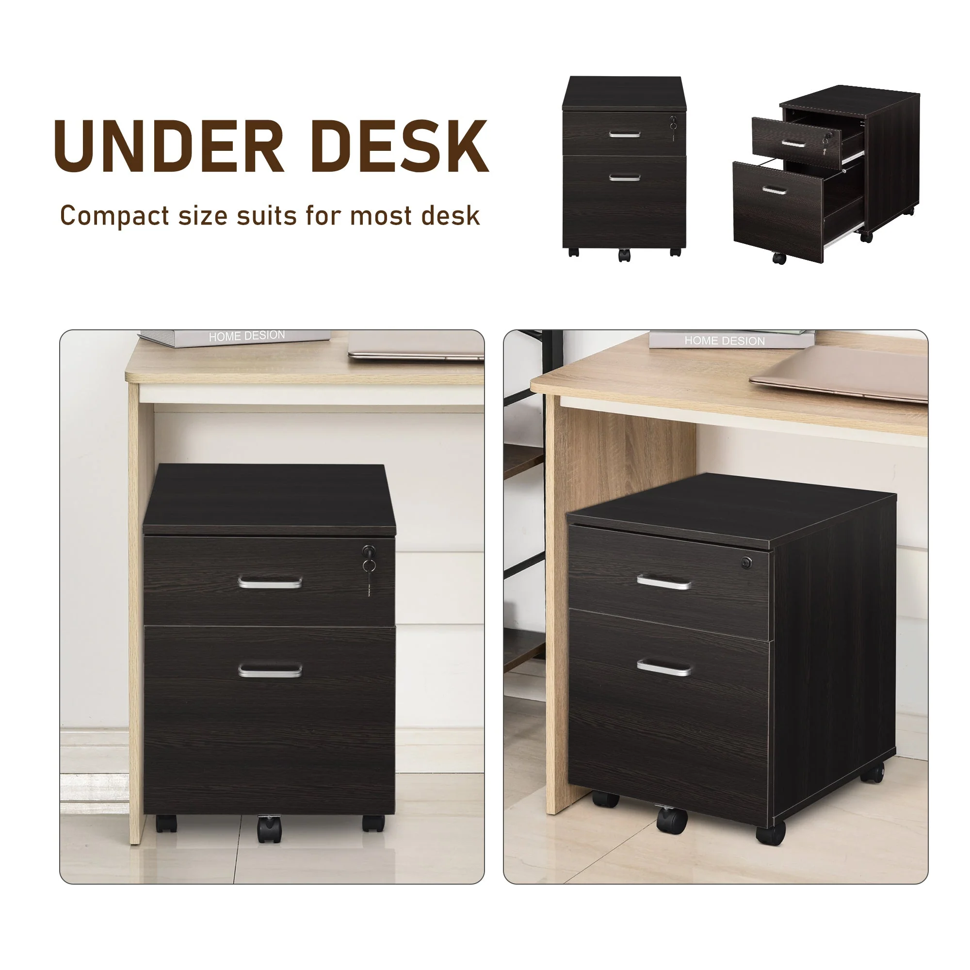 Vinsetto 2-Drawer Locking Office Filing Cabinet w/ 5 Wheels Rolling Storage Hanging Legal Letter Files Cupboard Home Organisation Black - Image 4