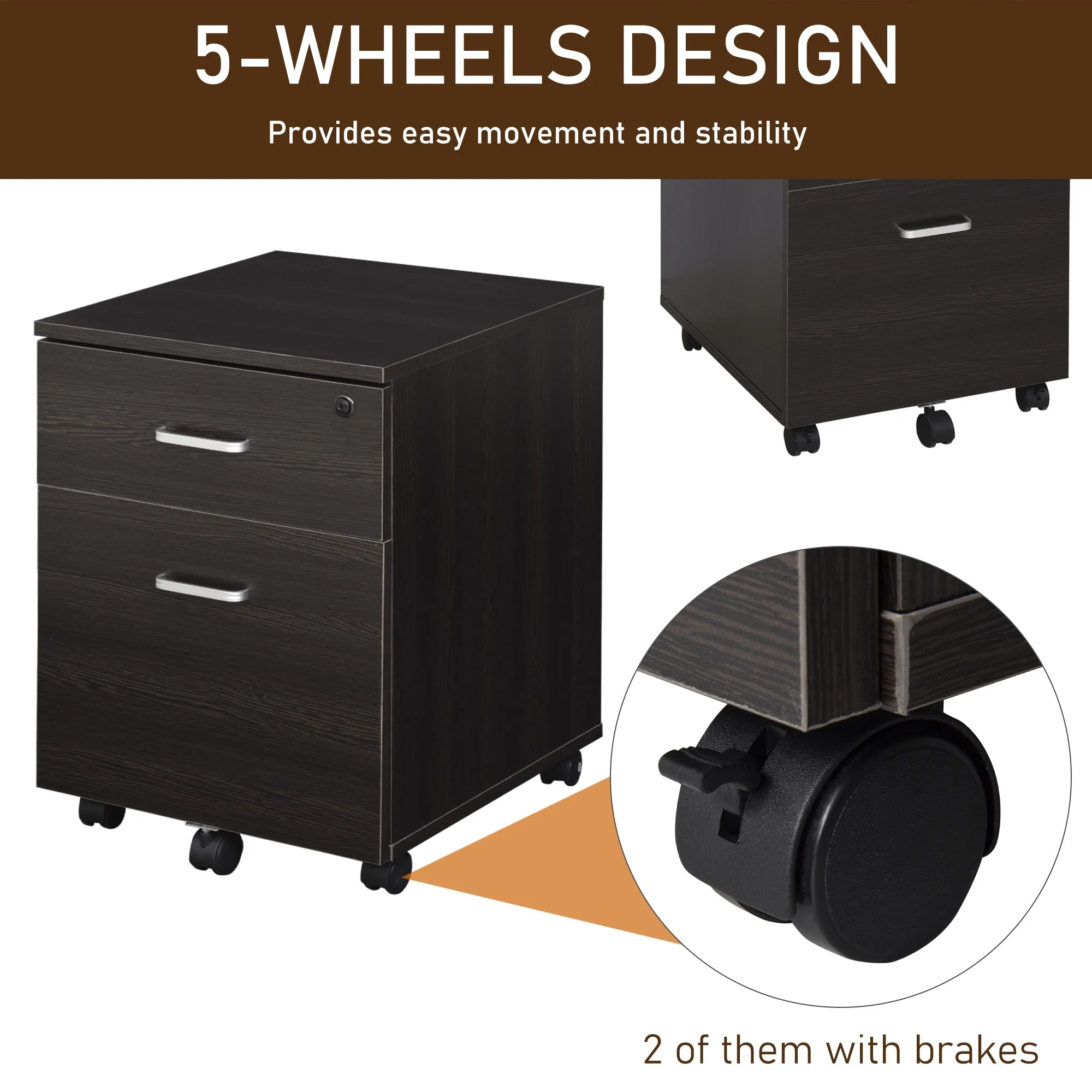 Vinsetto 2-Drawer Locking Office Filing Cabinet w/ 5 Wheels Rolling Storage Hanging Legal Letter Files Cupboard Home Organisation Black - Image 5