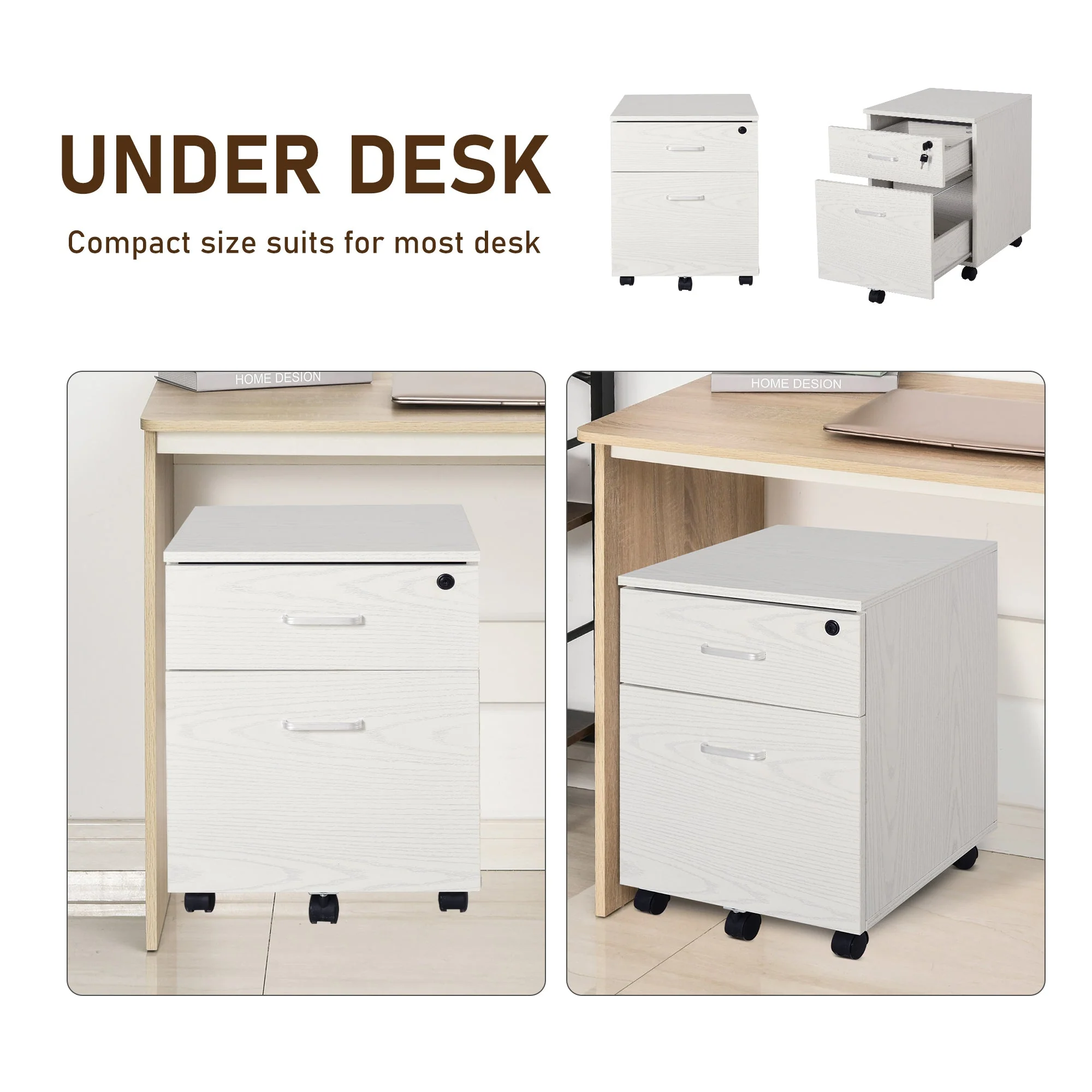 Vinsetto 2-Drawer Locking Office Filing Cabinet w/ 5 Wheels Rolling Storage Hanging Legal Letter Files Cupboard Home Organisation White - Image 4