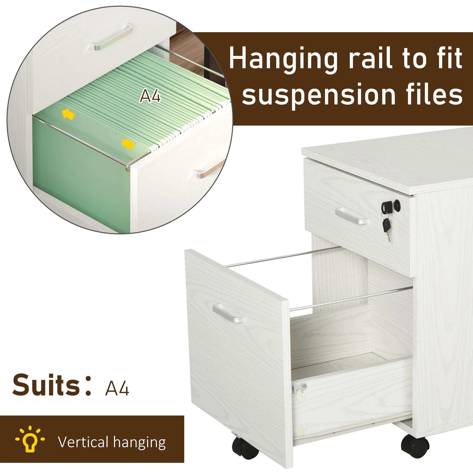 Vinsetto 2-Drawer Locking Office Filing Cabinet w/ 5 Wheels Rolling Storage Hanging Legal Letter Files Cupboard Home Organisation White - Image 6