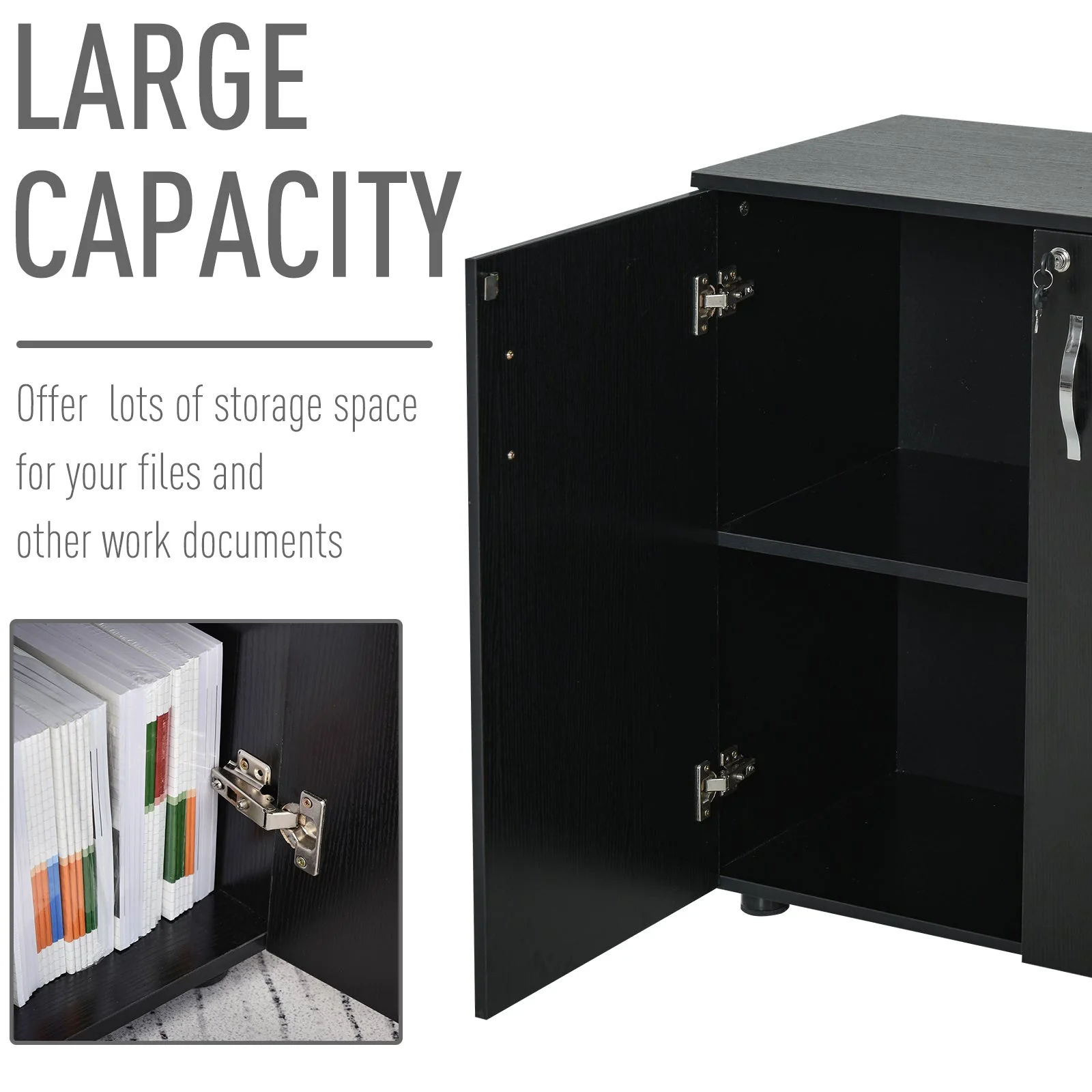 Vinsetto 2-Tier Locking Office Storage Cabinet File Organisation w/ Feet Melamine Coating Aluminium Handles 2 Keys Stylish Black - Image 6