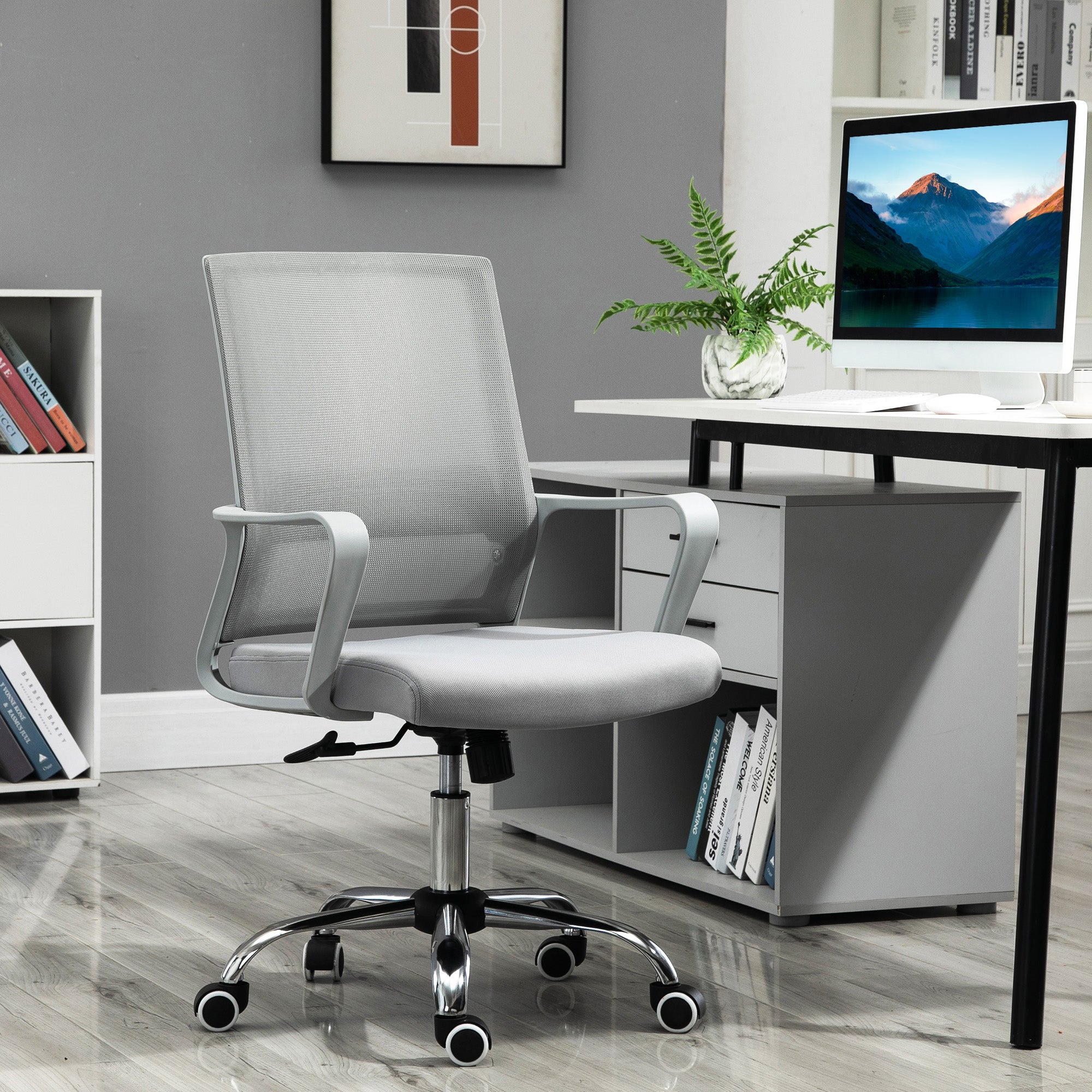 Vinsetto Ergonomic Desk Chair Mesh Office Chair with Adjustable Height Armrest and 360° Swivel Castor Wheels Grey - Image 2