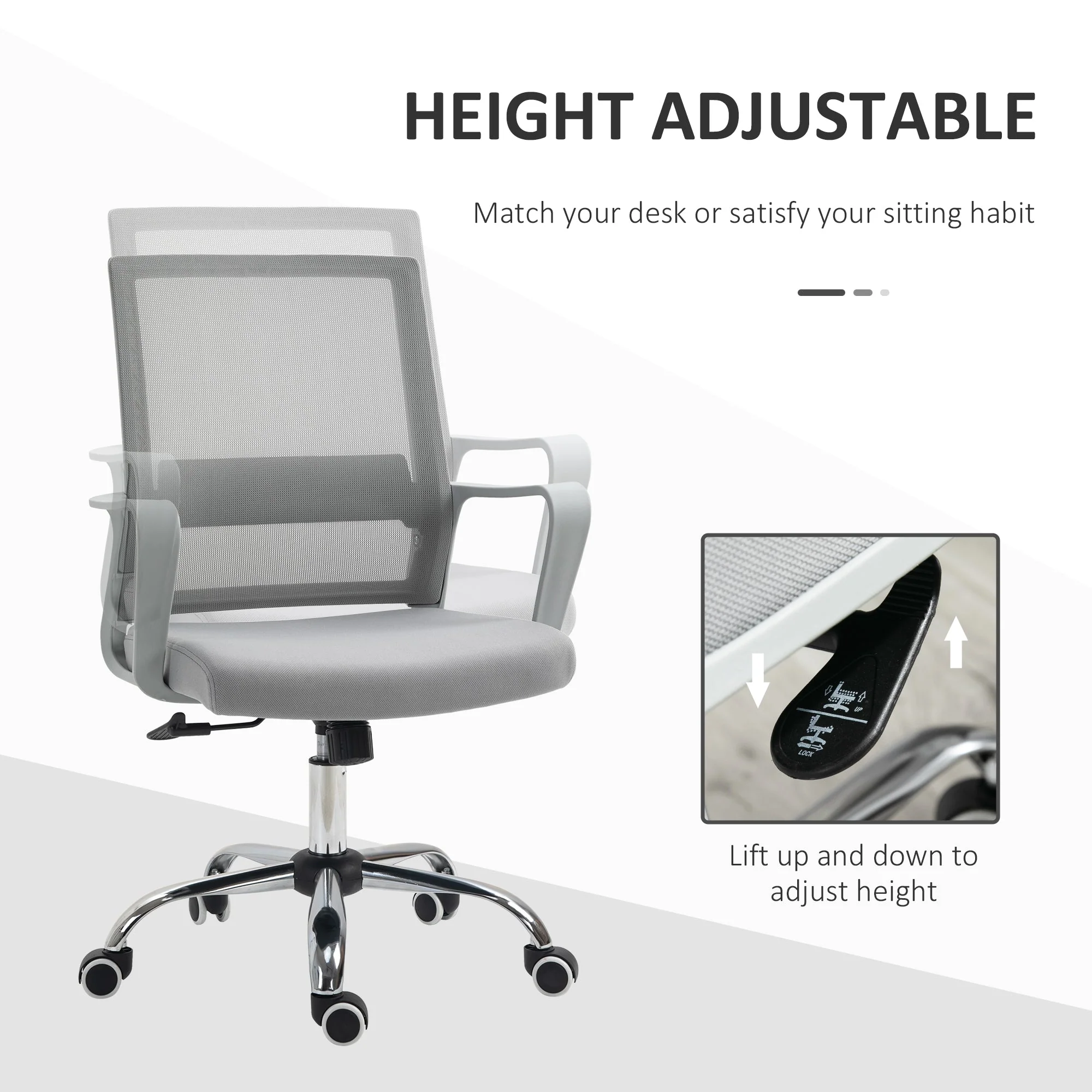 Vinsetto Ergonomic Desk Chair Mesh Office Chair with Adjustable Height Armrest and 360° Swivel Castor Wheels Grey - Image 4