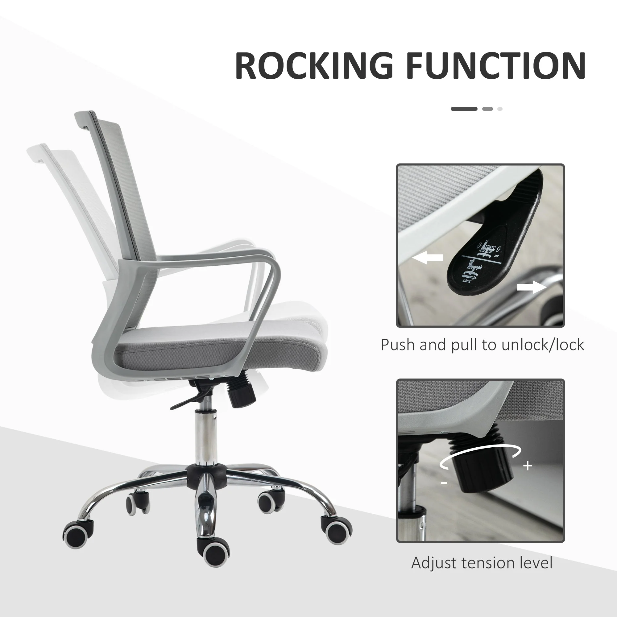 Vinsetto Ergonomic Desk Chair Mesh Office Chair with Adjustable Height Armrest and 360° Swivel Castor Wheels Grey - Image 5