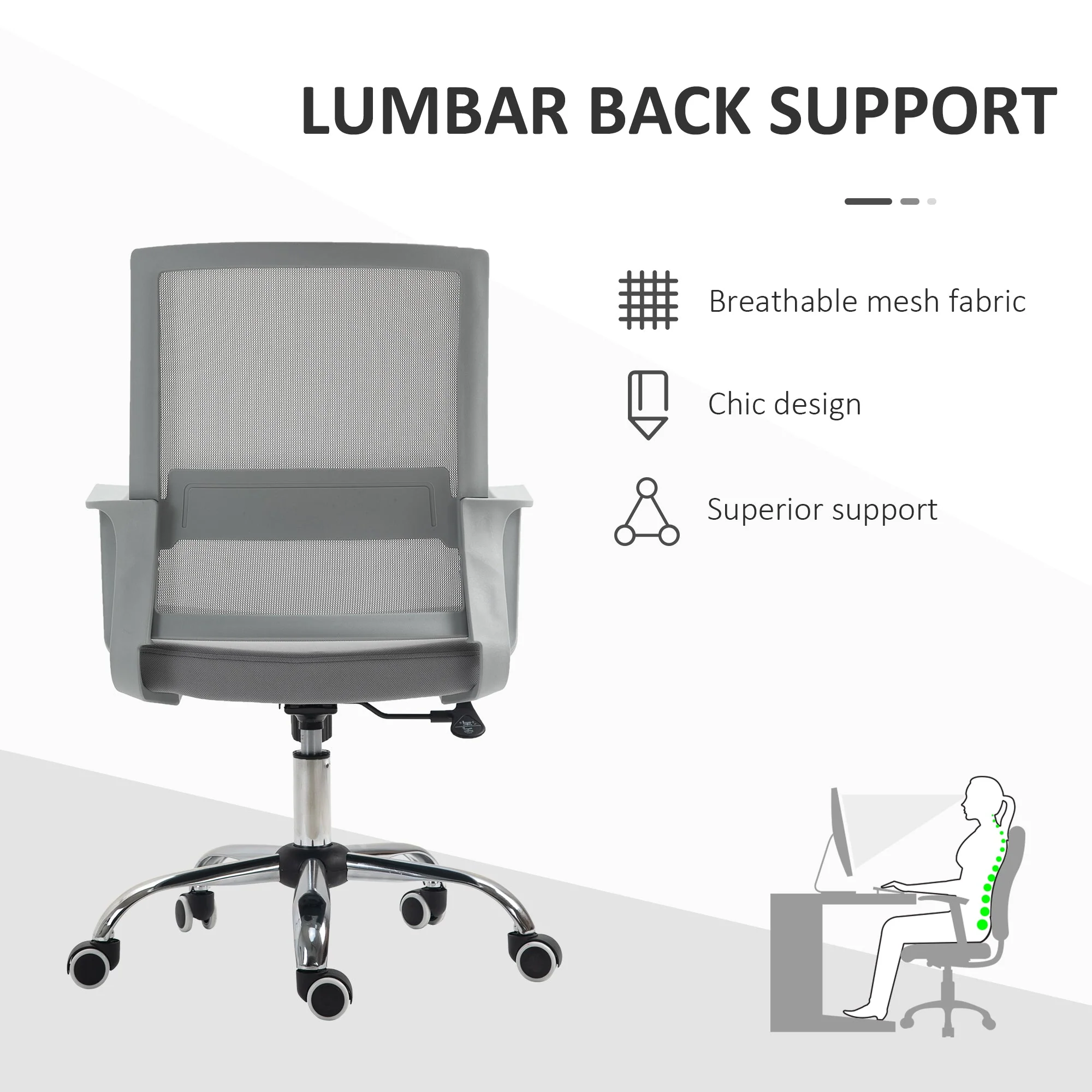 Vinsetto Ergonomic Desk Chair Mesh Office Chair with Adjustable Height Armrest and 360° Swivel Castor Wheels Grey - Image 6