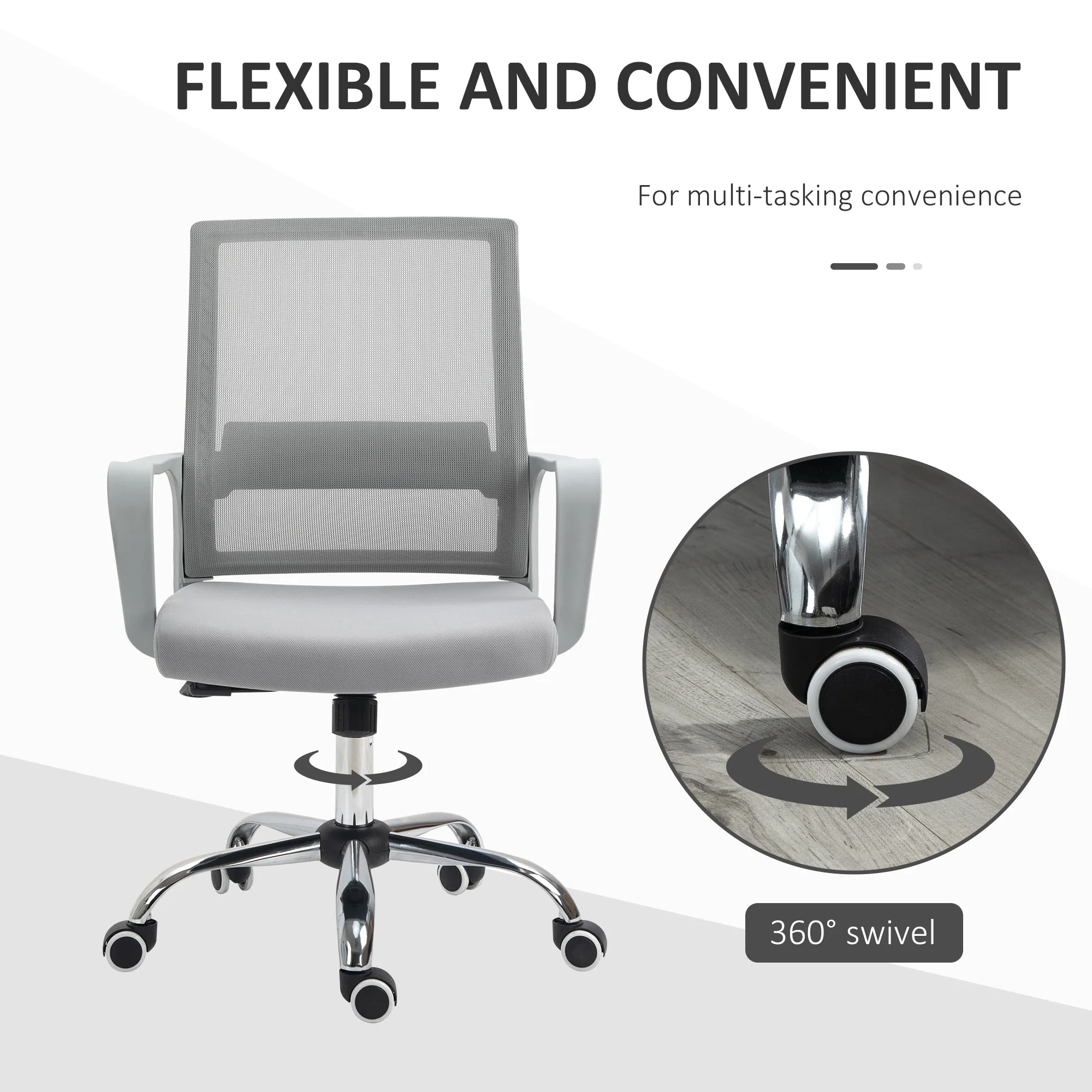Vinsetto Ergonomic Desk Chair Mesh Office Chair with Adjustable Height Armrest and 360° Swivel Castor Wheels Grey - Image 7