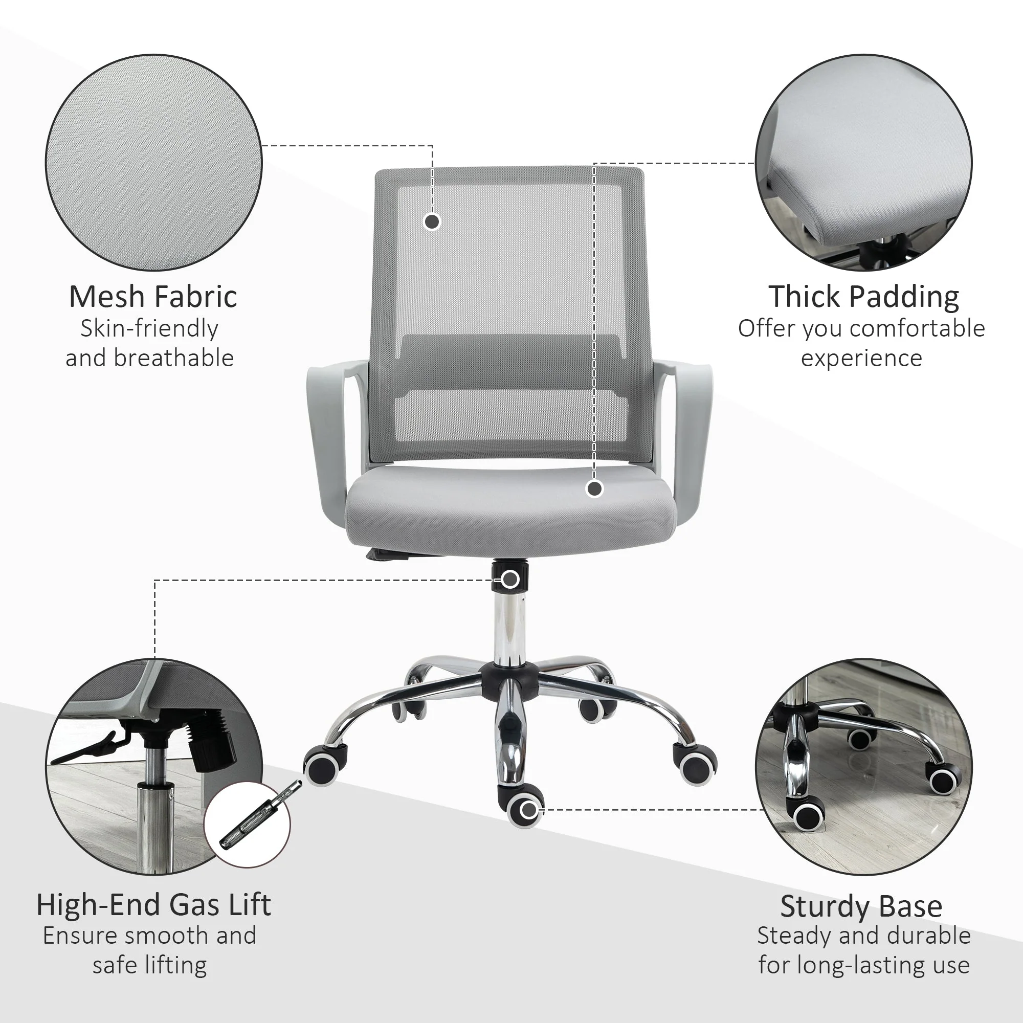 Vinsetto Ergonomic Desk Chair Mesh Office Chair with Adjustable Height Armrest and 360° Swivel Castor Wheels Grey - Image 8
