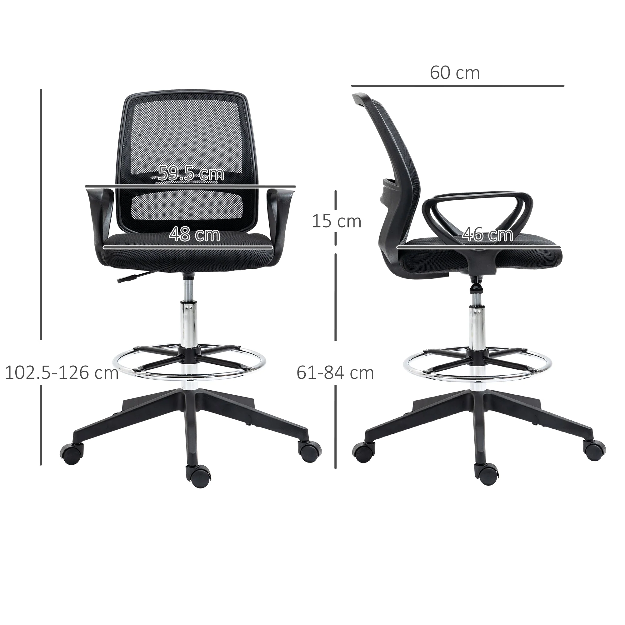 Vinsetto Ergonomic Mesh Back Draughtsman Chairs Tall Office Chair with Adjustable Height and Footrest 360° Swivel - Image 3