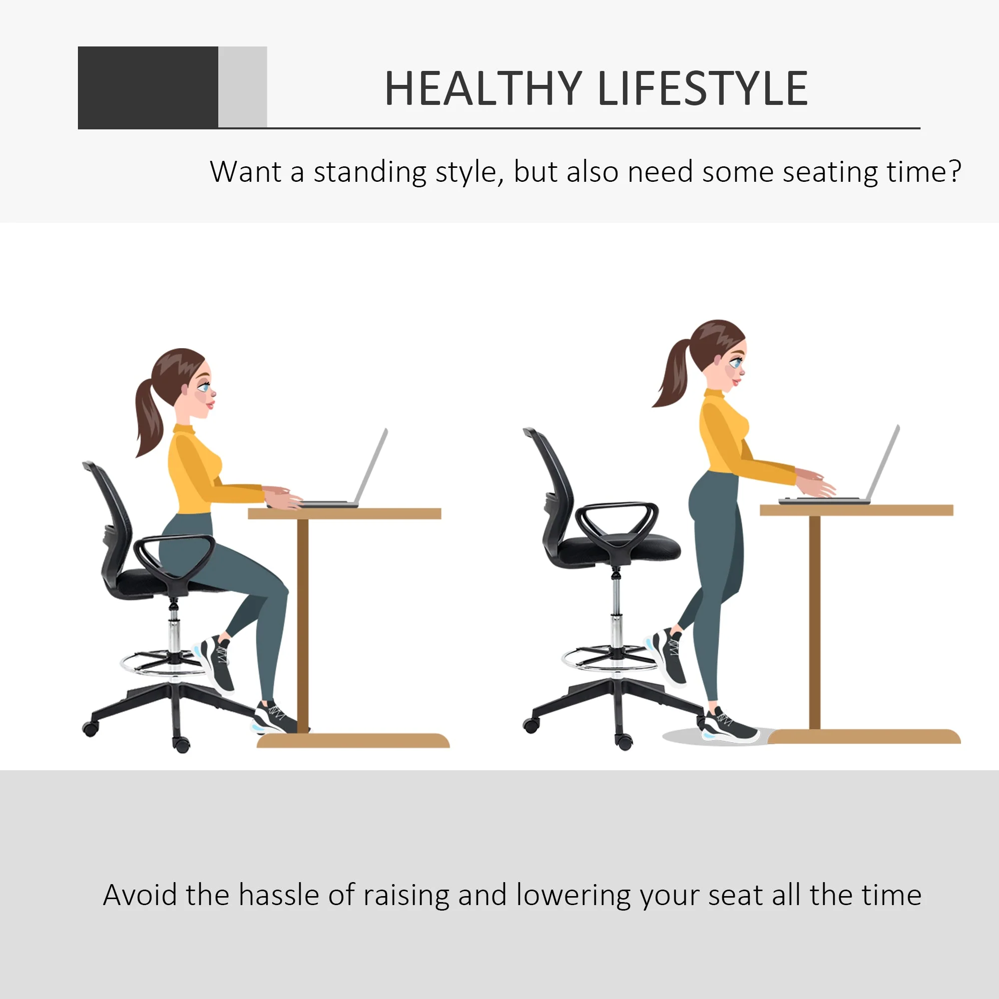 Vinsetto Ergonomic Mesh Back Draughtsman Chairs Tall Office Chair with Adjustable Height and Footrest 360° Swivel - Image 4