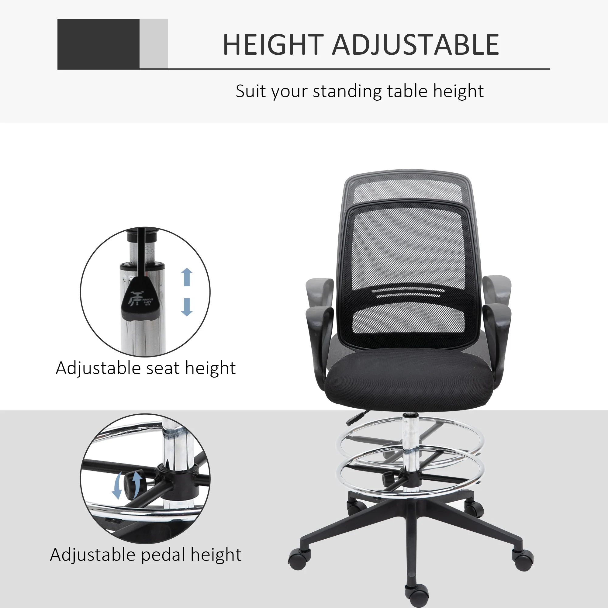 Vinsetto Ergonomic Mesh Back Draughtsman Chairs Tall Office Chair with Adjustable Height and Footrest 360° Swivel - Image 5